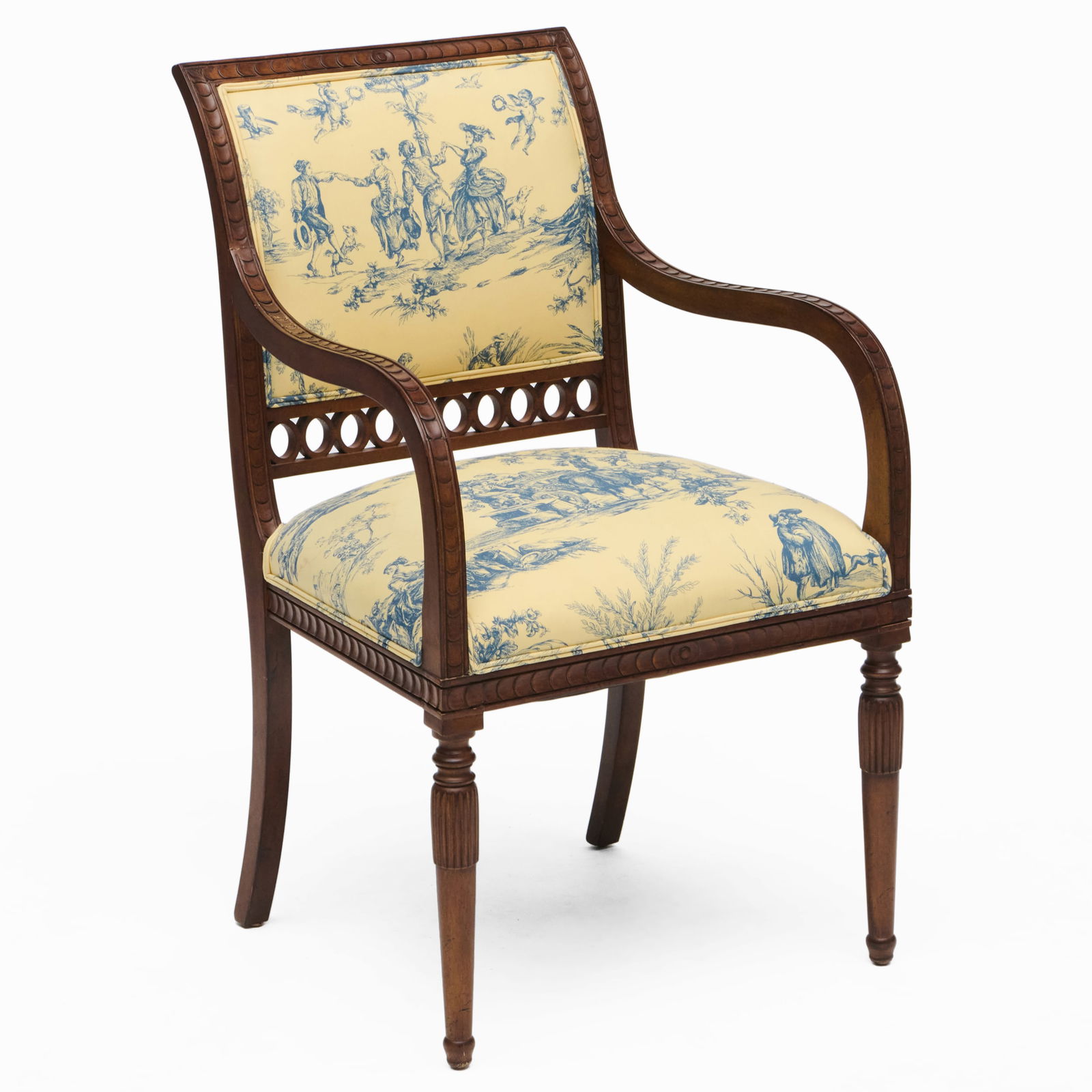 Modern Mahogany and Toile Upholstered Armchair: Modern Mahogany and Toile Upholstered Armchair 38 x 23 x 24 in., seat height 20 in. Collection of Lynn Chase from Money Pit Farm.
