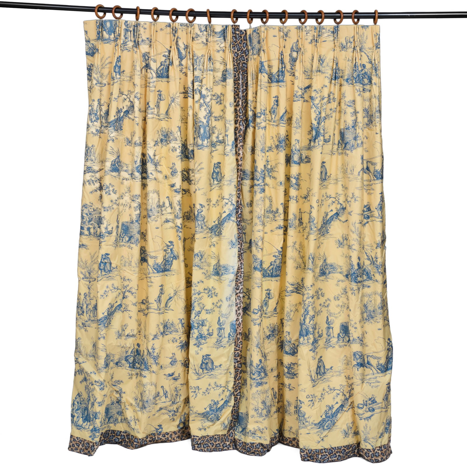 Three Pairs of Toile and Leopard Print Curtains: Three Pairs of Toile and Leopard Print Curtains 7 ft. 3 in. x 32 in., each panel. Collection of Lynn Chase from Money Pit Farm.