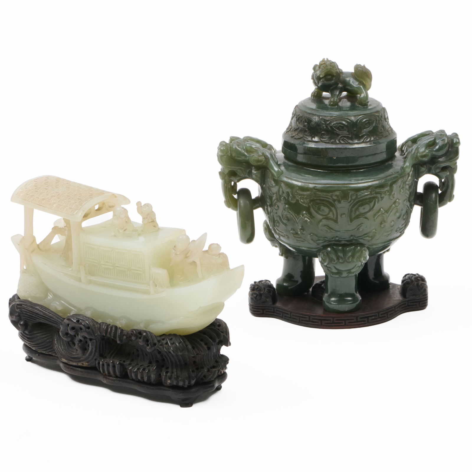 Chinese Hardstone Censer and Model of a Boat: Chinese Hardstone Censer and Model of a BoatEach with wood stand.The censer 5 1/4 x 5 x 3 in., the boat 2 1/2 x 5 x 1 1/2 in., 3 3/4 x 5 x 1 3/4 in. (overall).Collection of Lynn Chase from Money Pit