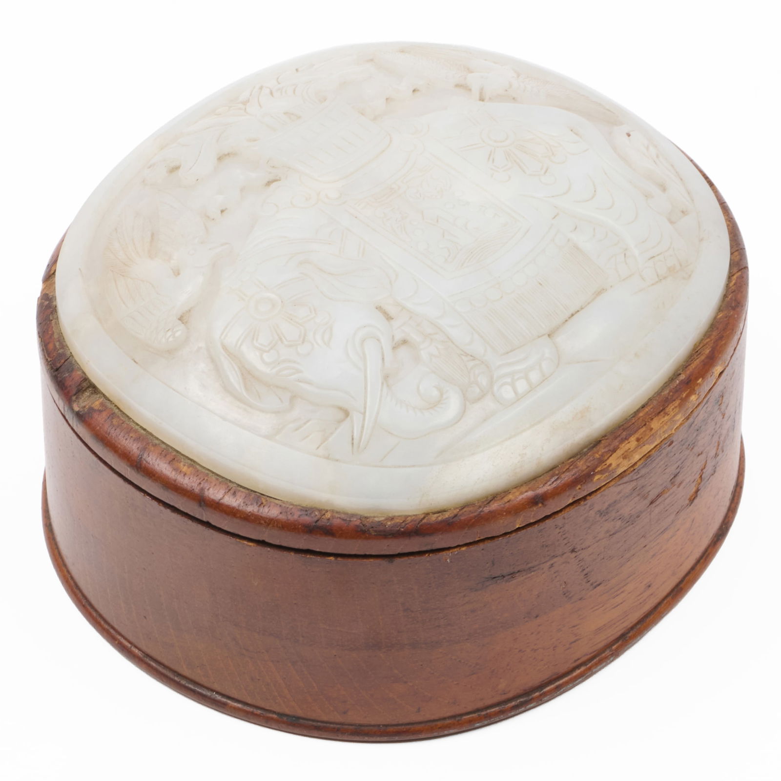 Chinese White Hardstone Plaque Mounted on a Wood Box: Chinese White Hardstone Plaque Mounted on a Wood BoxCarved with a caparisoned elephant.2 3/4 x 5 1/4 x 4 3/4 in.Collection of Lynn Chase from Money Pit Farm.
