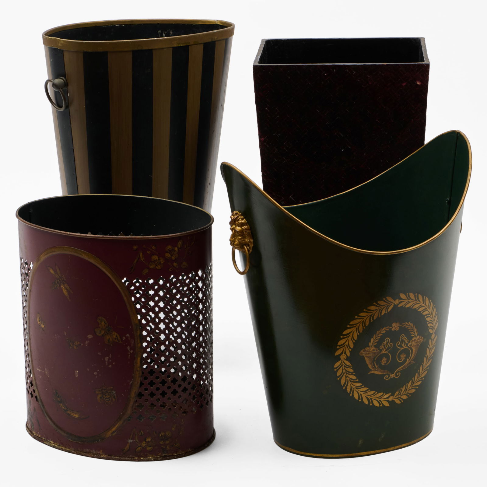 Group of Four Waste Bins: Group of Four Waste BinsThe largest 15 x 13 x 10 in. The smallest 11 1/2 x 10 1/2 x 8 in. Collection of Lynn Chase from Money Pit Farm.