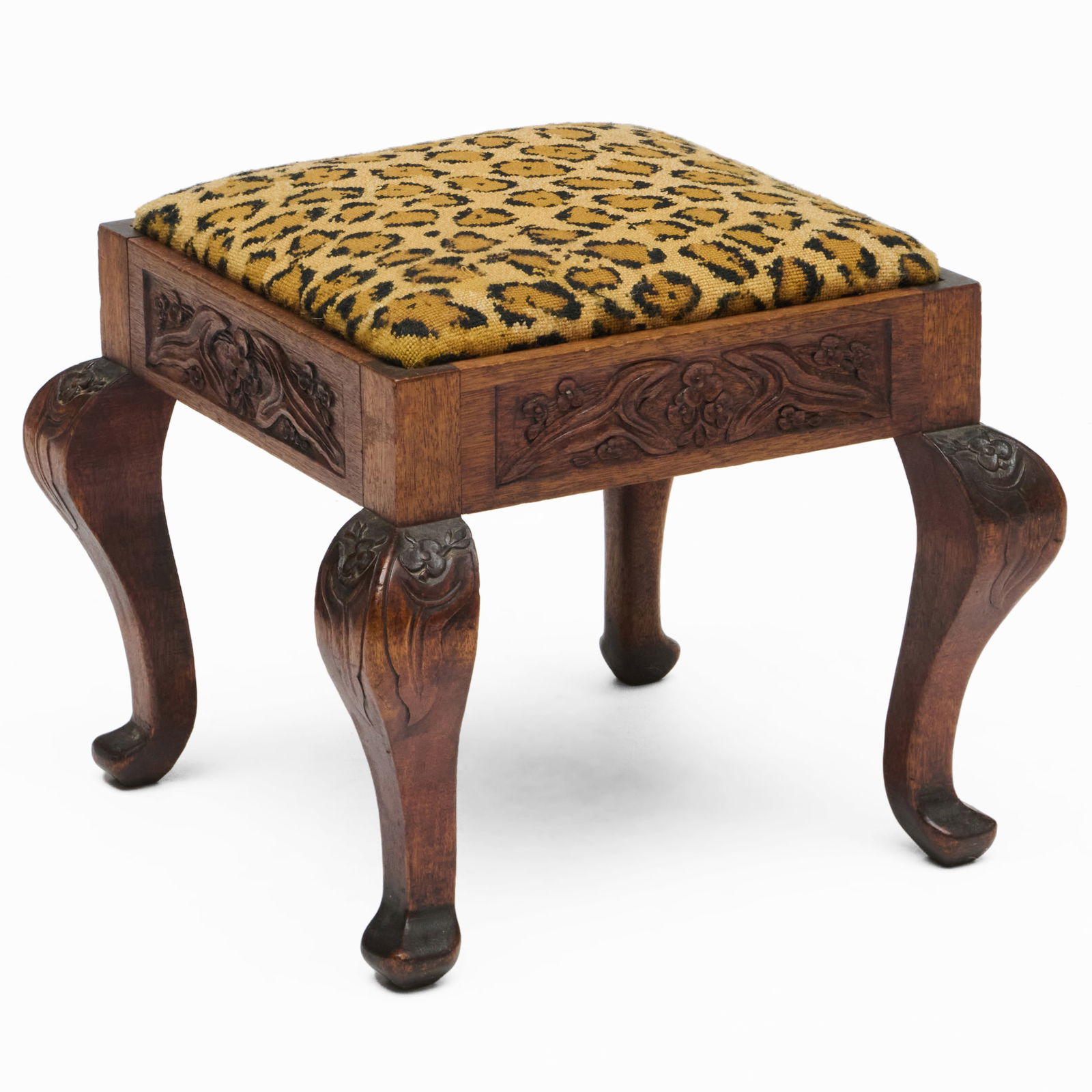Modern Carved Oak Leopard Needlepoint Stool: Modern Carved Oak Leopard Needlepoint Stool 16 1/4 x 19 x 19 in. Collection of Lynn Chase from Money Pit Farm.