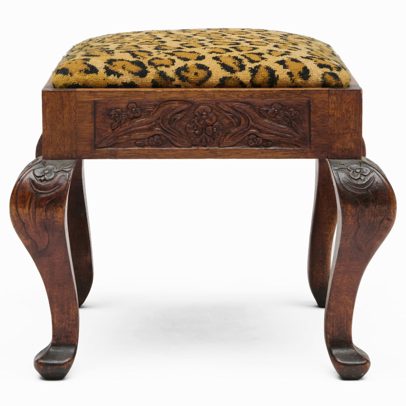 Modern Carved Oak Leopard Needlepoint Stool - 2