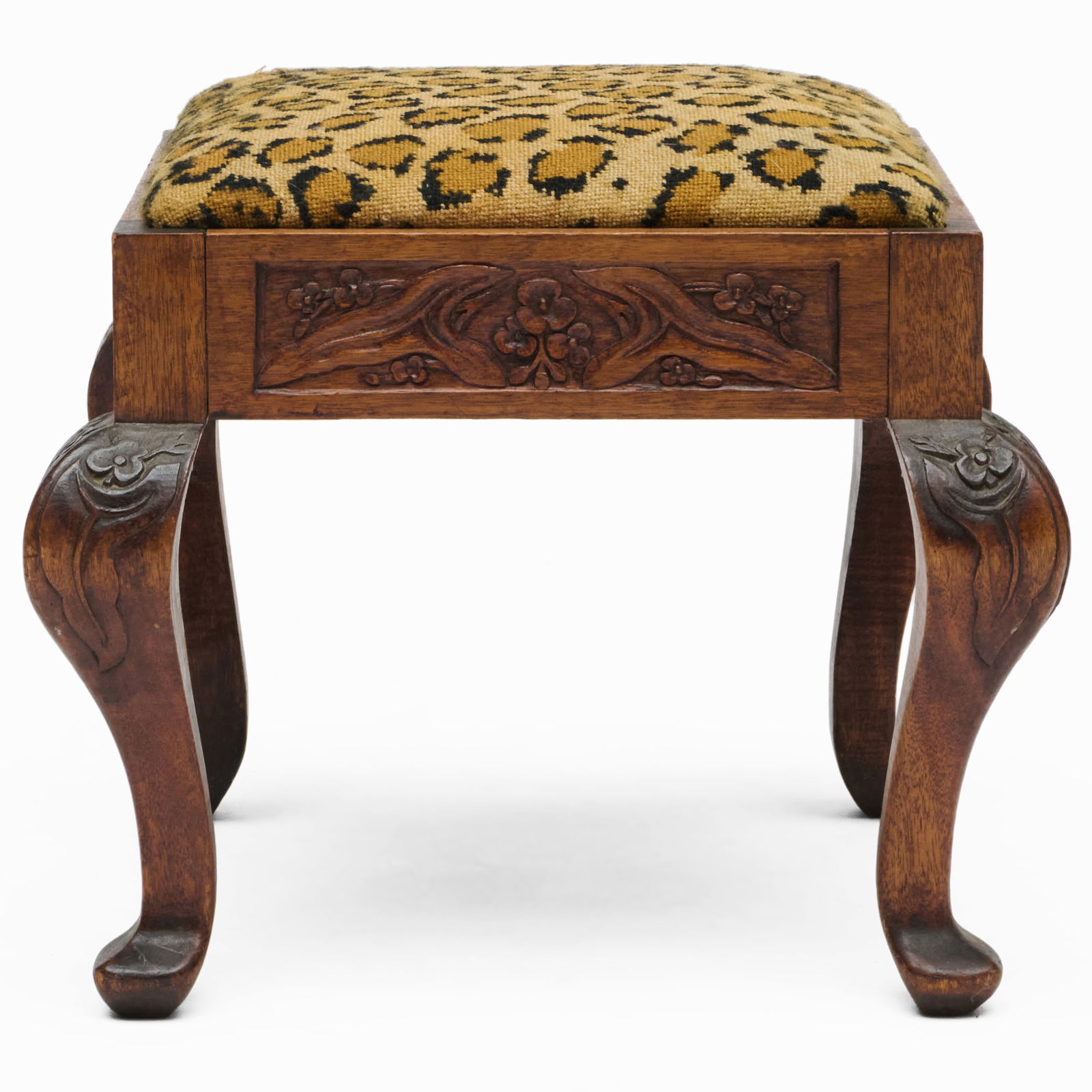 Modern Carved Oak Leopard Needlepoint Stool - 3