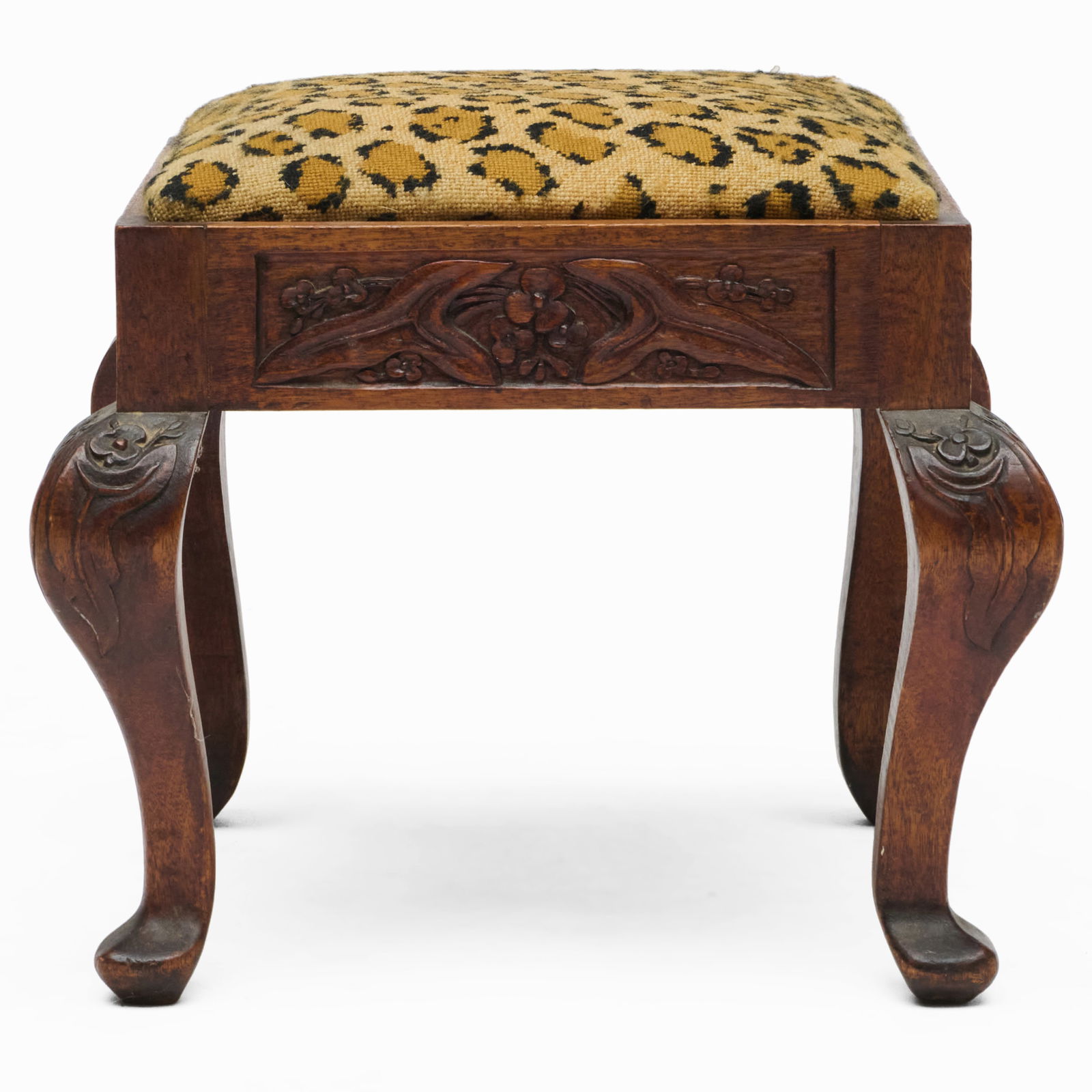 Modern Carved Oak Leopard Needlepoint Stool - 4