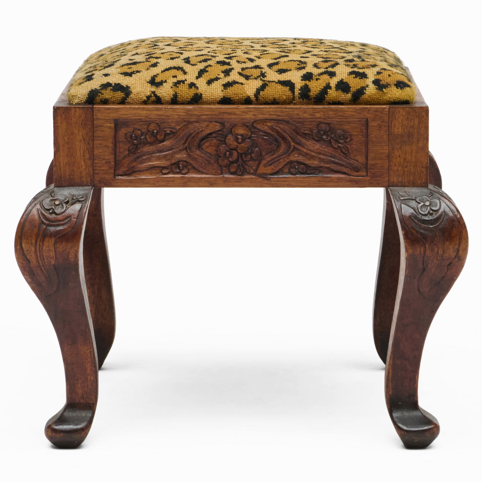 Modern Carved Oak Leopard Needlepoint Stool - 5