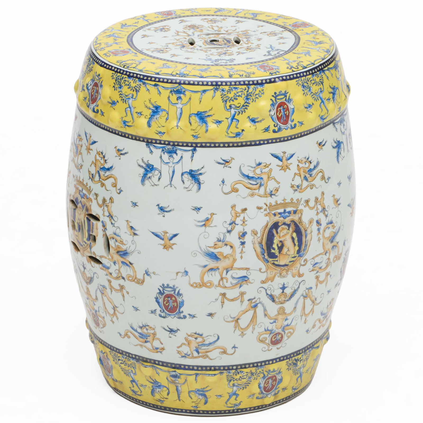 Modern Chinese Export Style Yellow Ground Rim Porcelain Garden Seat: Modern Chinese Export Style Yellow Ground Rim Porcelain Garden SeatUnmarked.19 x 14 in. diam.Collection of Lynn Chase from Money Pit Farm.