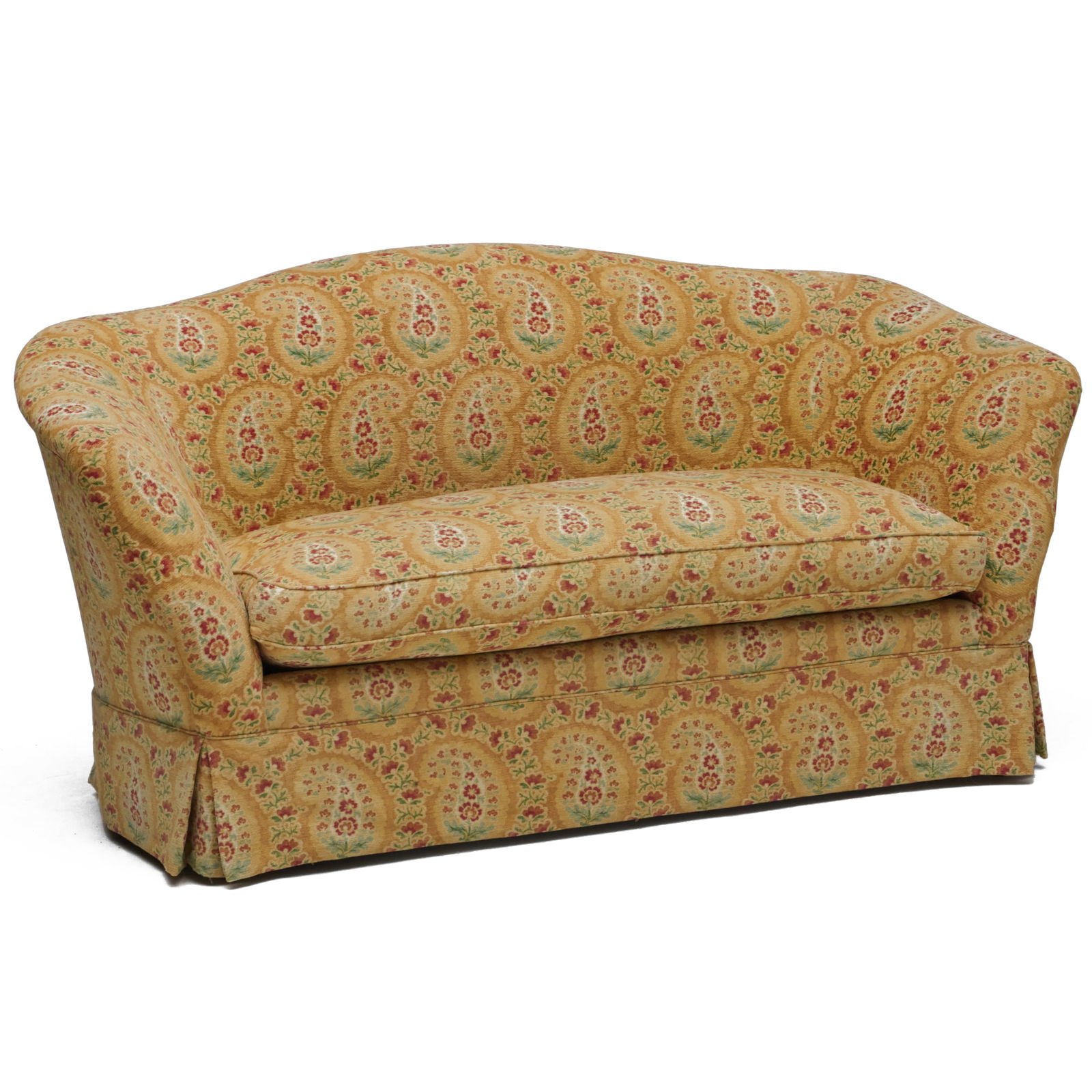 Yellow Paisley Velvet Upholstered Settee: Yellow Paisley Velvet Upholstered Settee 36 x 6 ft. 4 x 38 in., seat height 19 in. Collection of Lynn Chase from Money Pit Farm.
