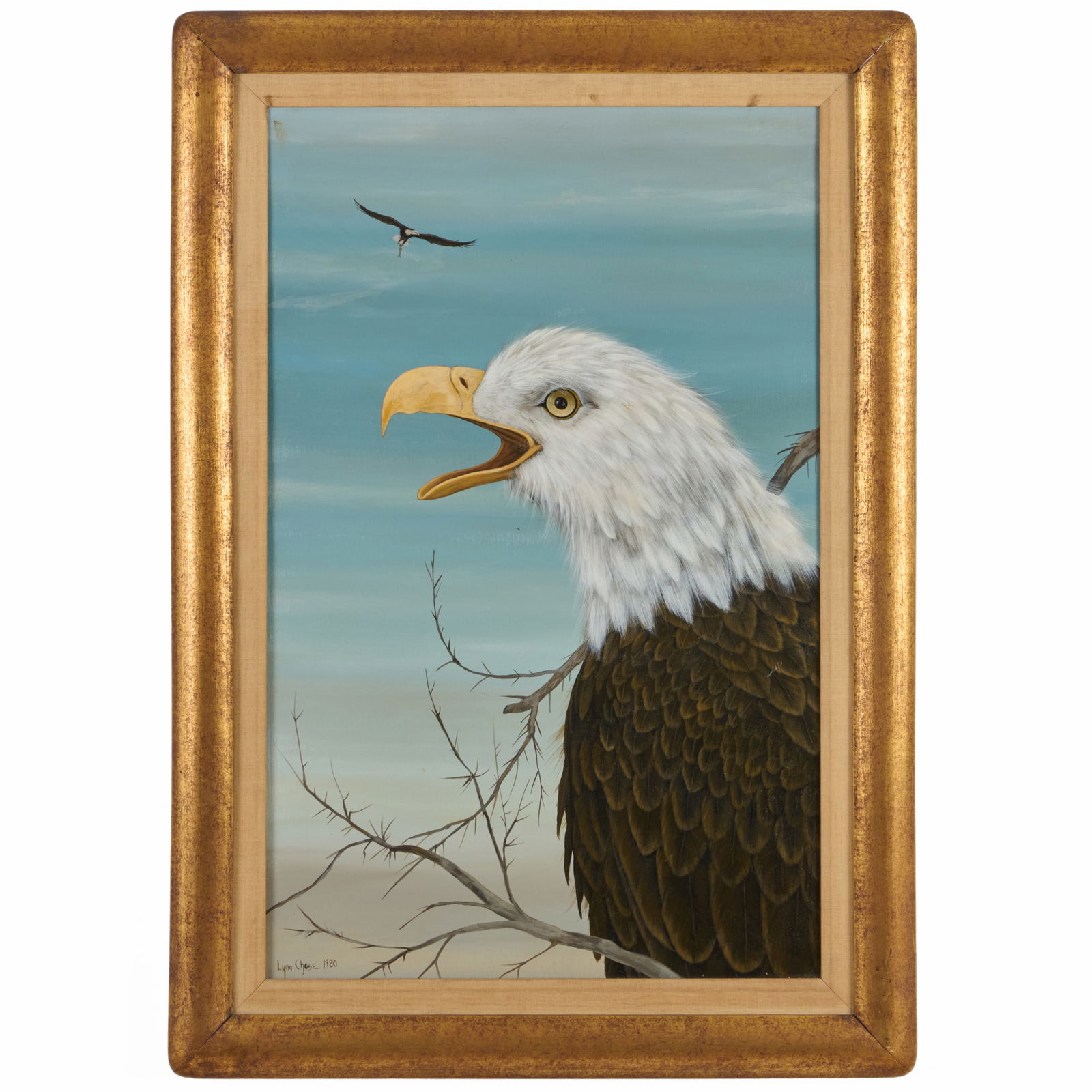 Lynn Chase (1948-2025): Bald Eagle: Lynn Chase (1948-2025): Bald EagleOil on canvas, 1980, signed 'Lynn Chase' and dated lower right.28 x 18 in., 33 1/2 x 23 1/2 in. (frame).Collection of Lynn Chase from Money Pit Farm.