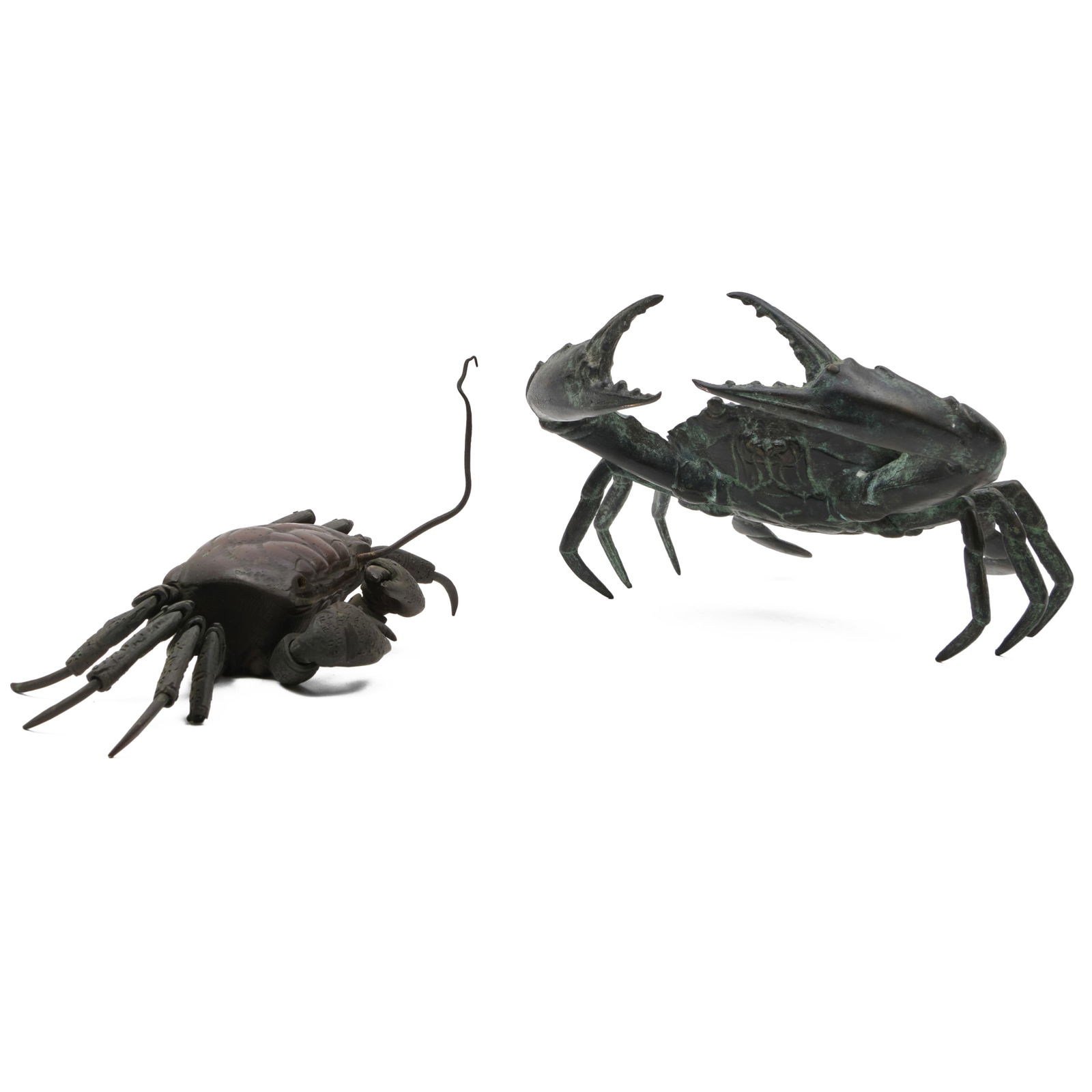 Two Metal Models of Crabs: Two Metal Models of Crabs The smaller articulated. The smaller 1 3/4 x 9 1/2 x 4 1/2 in., the larger 5 x 7 1/4 x 8 in. Collection of Lynn Chase from Money Pit Farm.