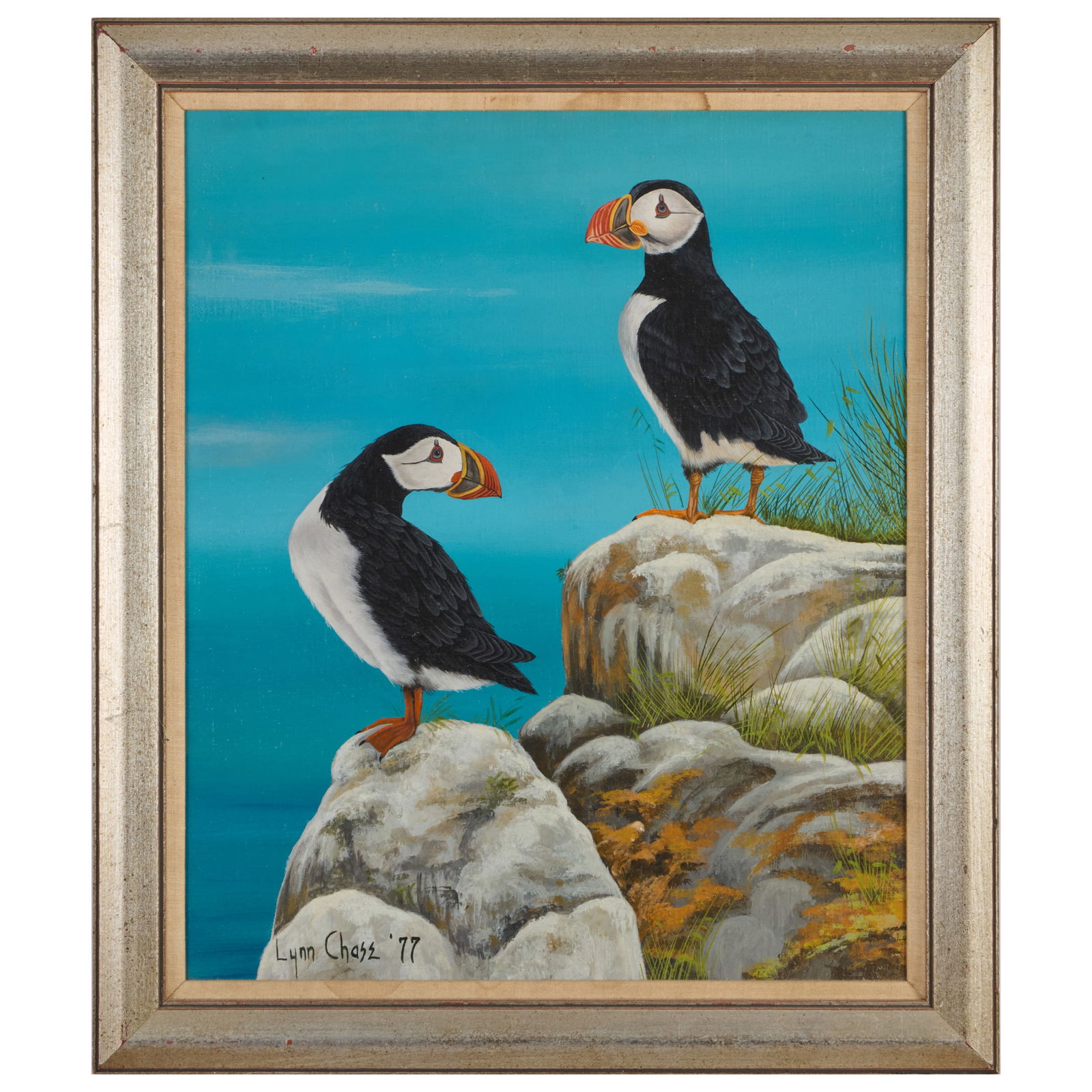 Lynn Chase (1948-2025): Puffins: Lynn Chase (1948-2025): PuffinsOil on canvas, 1977, signed 'Lynn Chase' and dated lower left.24 x 20 in., 28 1/4 x 24 3/8 in. (frame).Collection of Lynn Chase from Money Pit Farm.