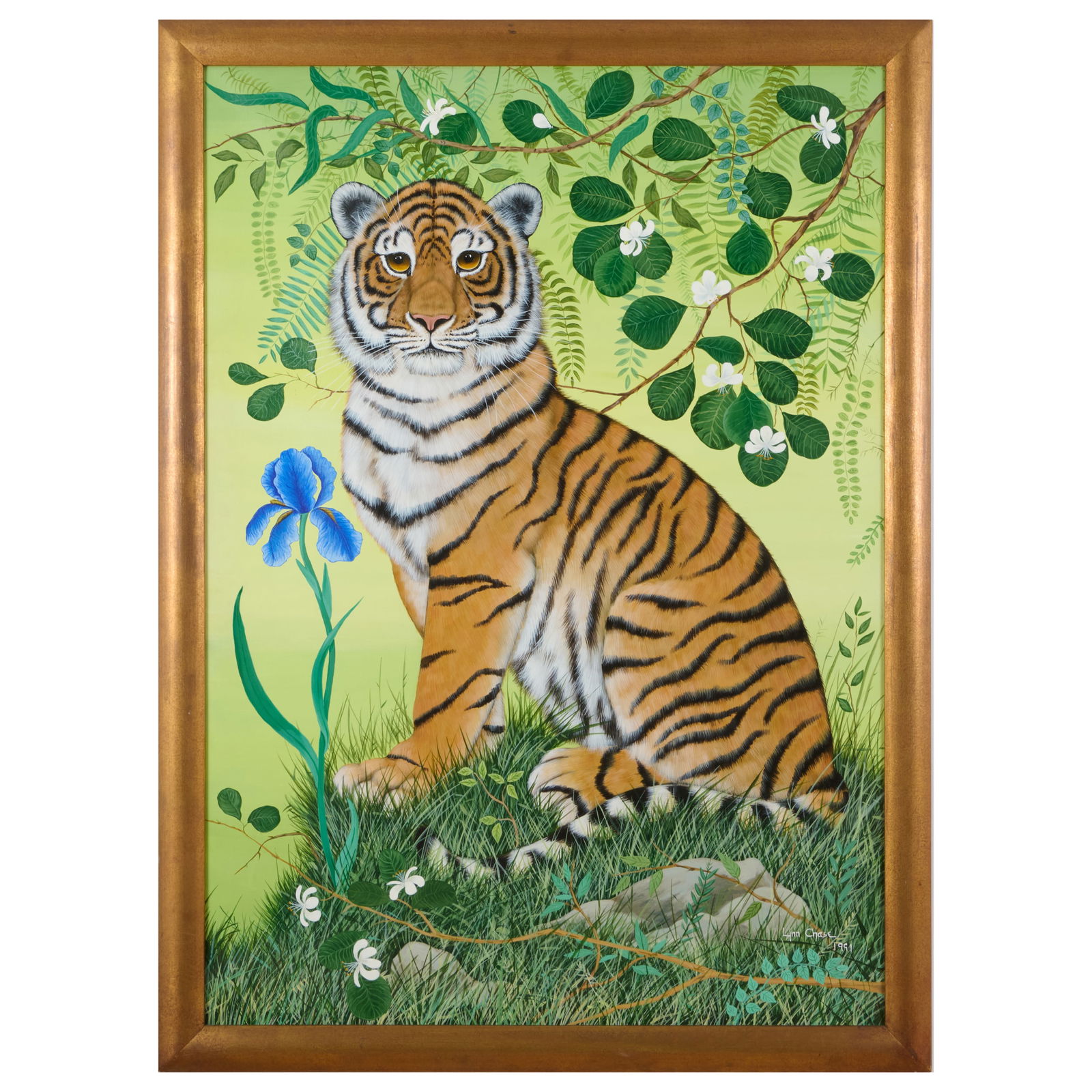 Lynn Chase (1948-2025): Tiger: Lynn Chase (1948-2025): TigerOil on canvas, 1991, signed 'Lynn Chase' and dated lower right.42 x 30 in., 45 1/2 x 33 1/2 in. (frame).Collection of Lynn Chase from Money Pit Farm.