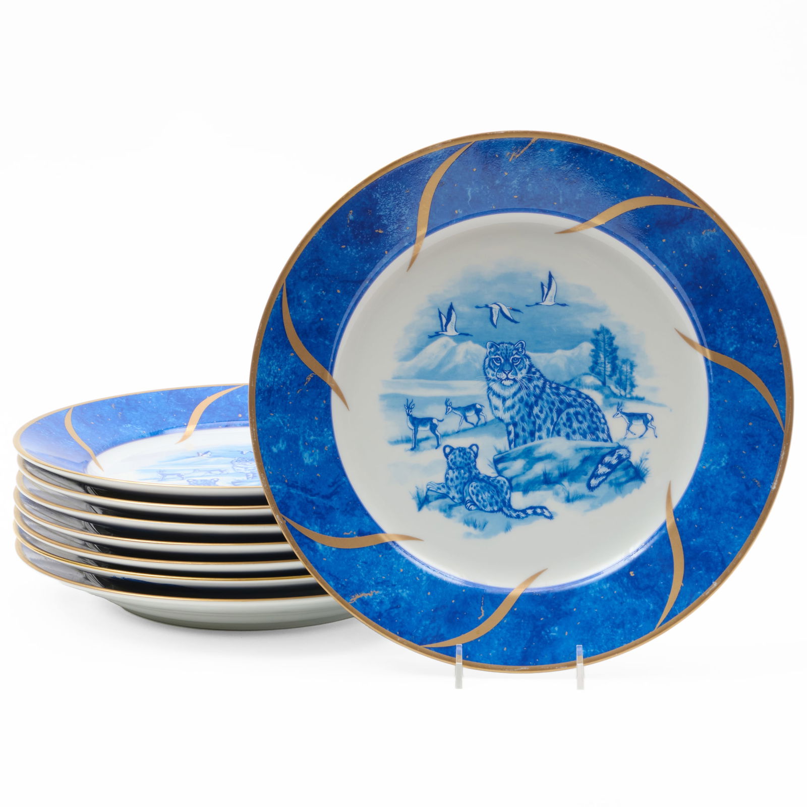 Set of Eight Lynn Chase Porcelain Chargers in the 'Leopard Lazuli' Pattern: Set of Eight Lynn Chase Porcelain Chargers in the 'Leopard Lazuli' PatternPrinted mark.11 3/4 in. diam.Collection of Lynn Chase from Money Pit Farm.