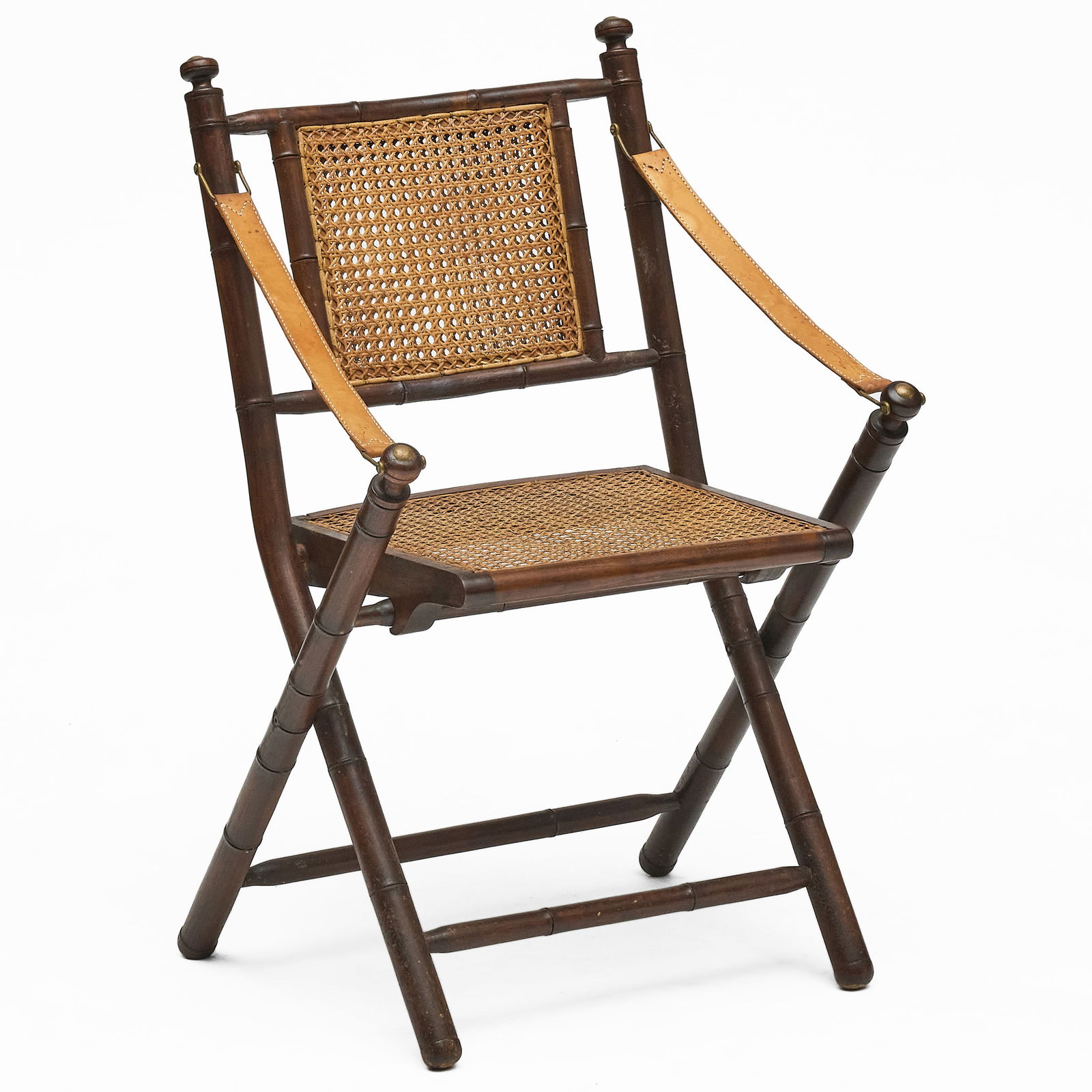 Brass-Mounted Faux Bamboo, Caned and Leather Folding Campaign Chair (1 of 5)