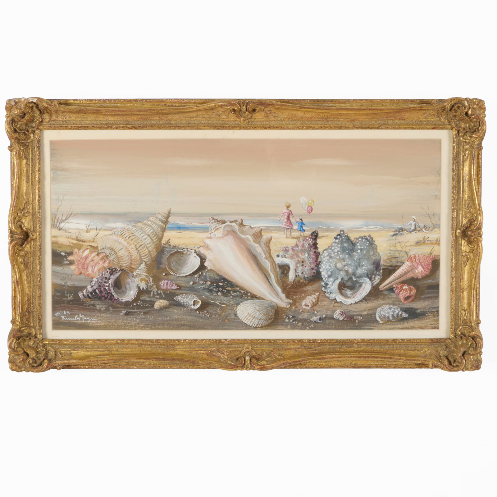 20th Century School: Beach Scene: 20th Century School: Beach SceneGouache on paper, indistincly signed and dated lower left.10 3/8 x 21 1/4 in. (sight), 15 x 26 in. (frame). Collection of Lynn Chase from Money Pit Farm.