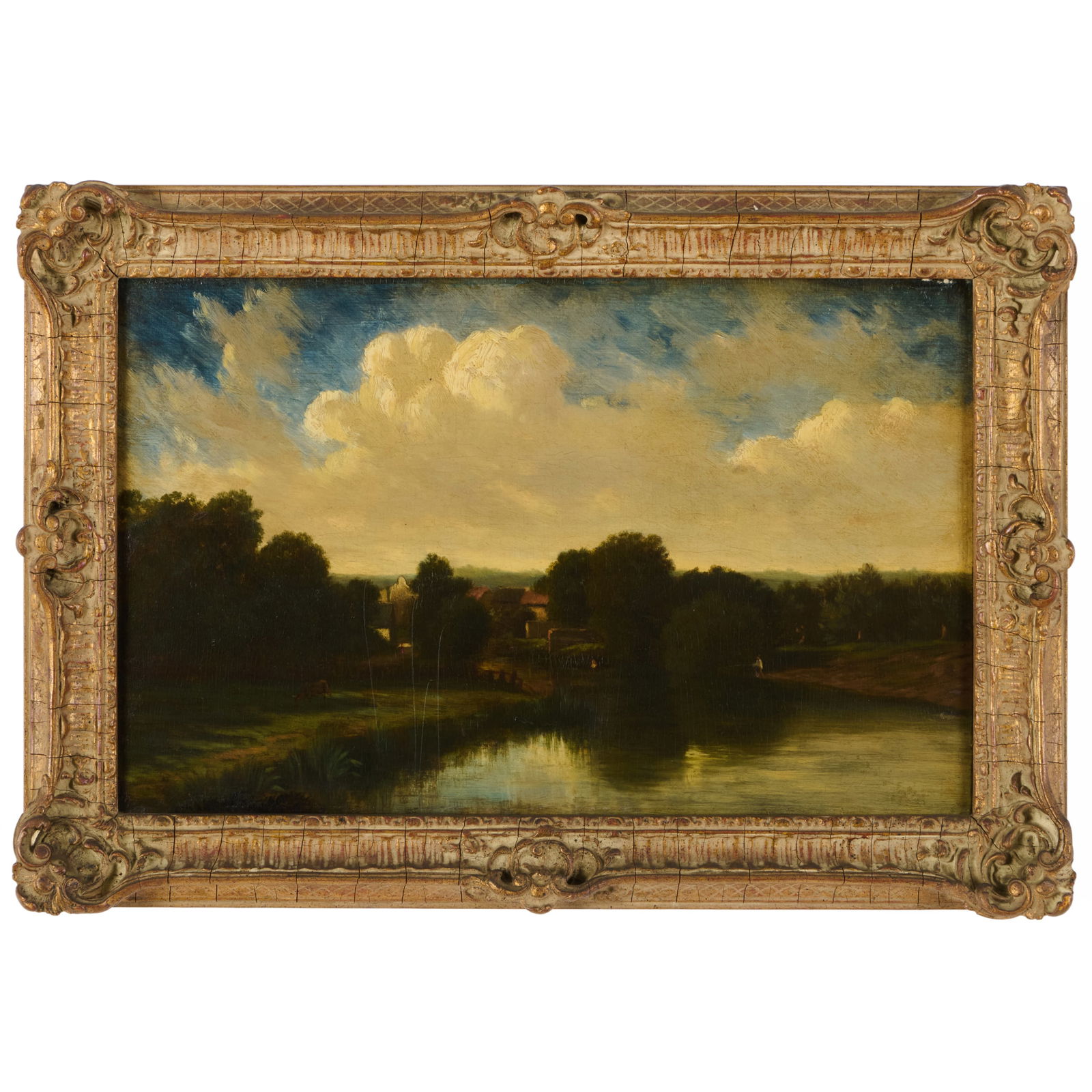 European School: Countryside Scene: European School: Countryside SceneOil on panel, unsigned; together with River Landscape with Boats and Figures, oil on canvas, unsigned.19 3/4 x 27 in., 24 1/4 x 32 1/4 in. (frame).Collection of Lynn