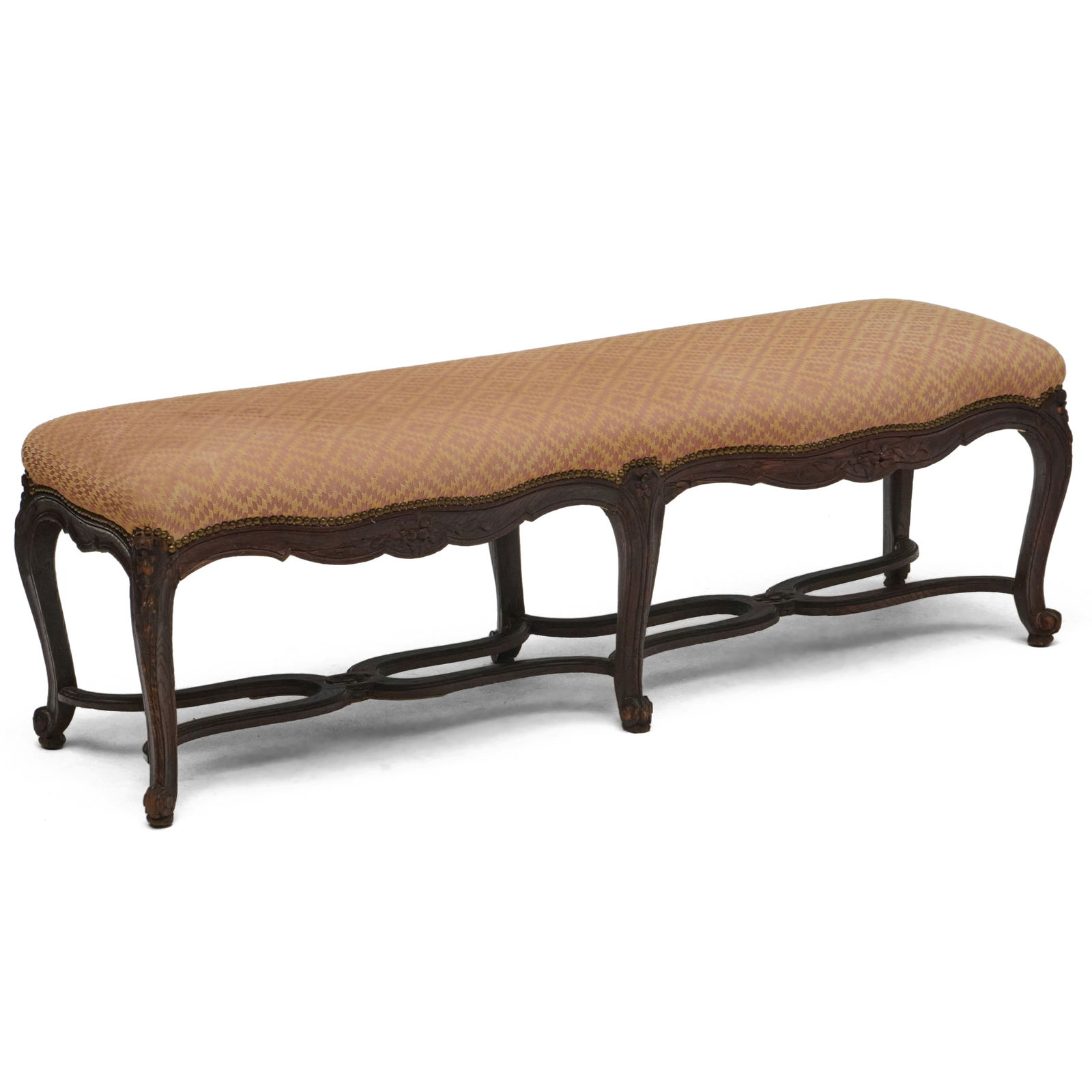 Regence Style Oak and Upholstered Tabouret: Regence Style Oak and Upholstered Tabouret19 x 5 ft. 1 x 18 1/2 in. Collection of Lynn Chase from Money Pit Farm.