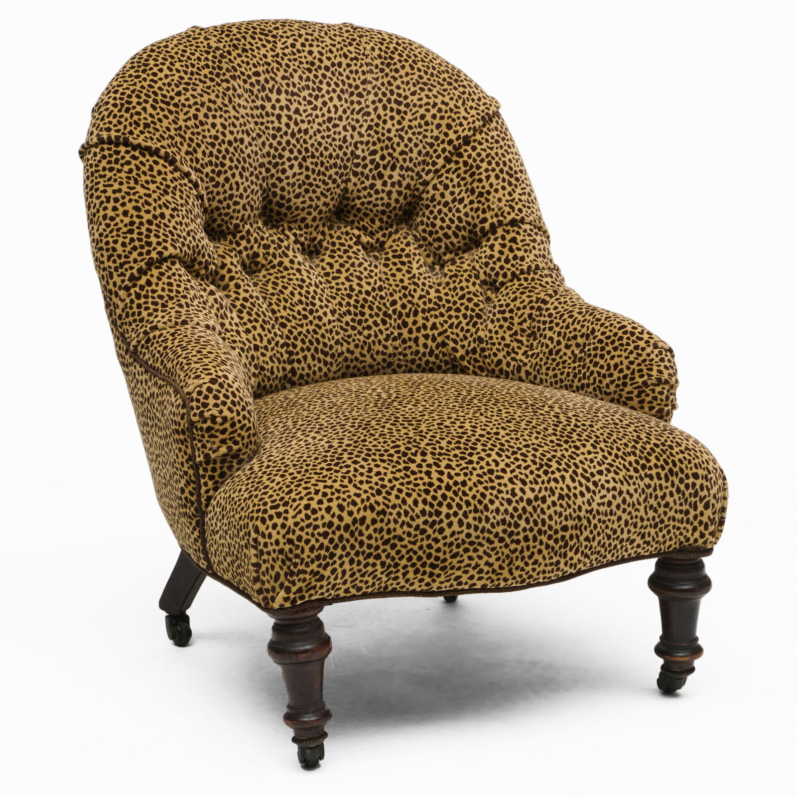 Victorian Leopard Velvet Upholstered Slipper Chair: Victorian Leopard Velvet Upholstered Slipper Chair Raised on casters. 29 x 25 x 30 in., seat height 13 in. Collection of Lynn Chase from Money Pit Farm.