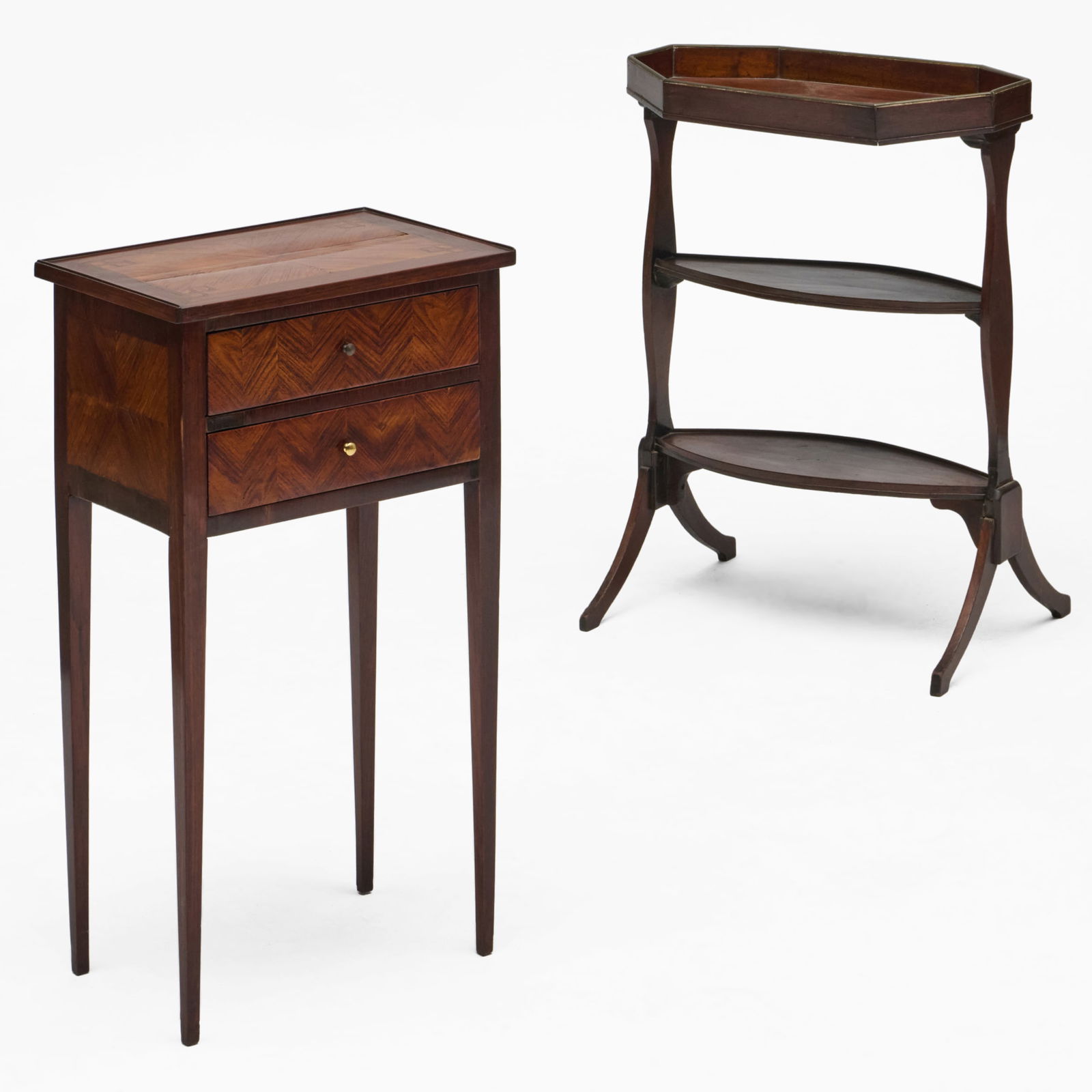 Directoire Style Brass-Mounted Mahogany Tricoteuse and a Louis XVI Style Mahogany and Fruitwood: Directoire Style Brass-Mounted Mahogany Tricoteuse and a Louis XVI Style Mahogany and Fruitwood Parquetry Side Table The tricoteuse 28 x 21 1/4 x 11 1/2 in. Fitted with a hinged side on the top. The s