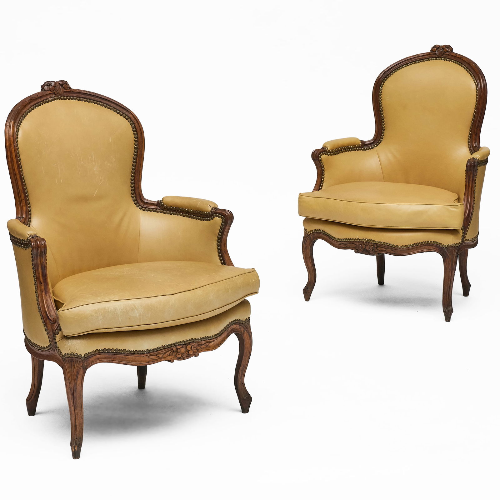 Pair of Louis XV Style Beechwood and Leather Bergeres (1 of 7)