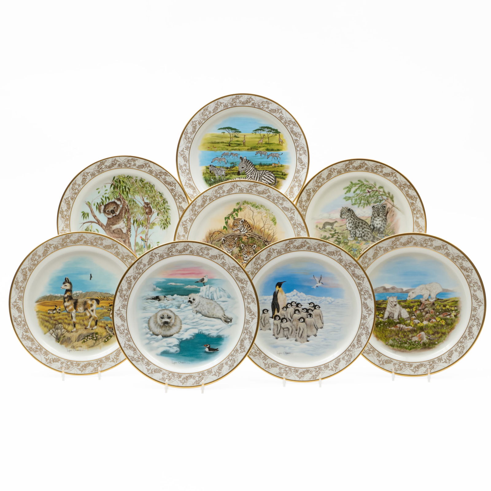 Set of Eight Lynn Chase for Lenox Porcelain Dinner Plates from the 'Nature's Nursery' Collection: Set of Eight Lynn Chase for Lenox Porcelain Dinner Plates from the 'Nature's Nursery' Collection Gilt printed mark. 10 1/2 in. diam. Collection of Lynn Chase from Money Pit Farm.