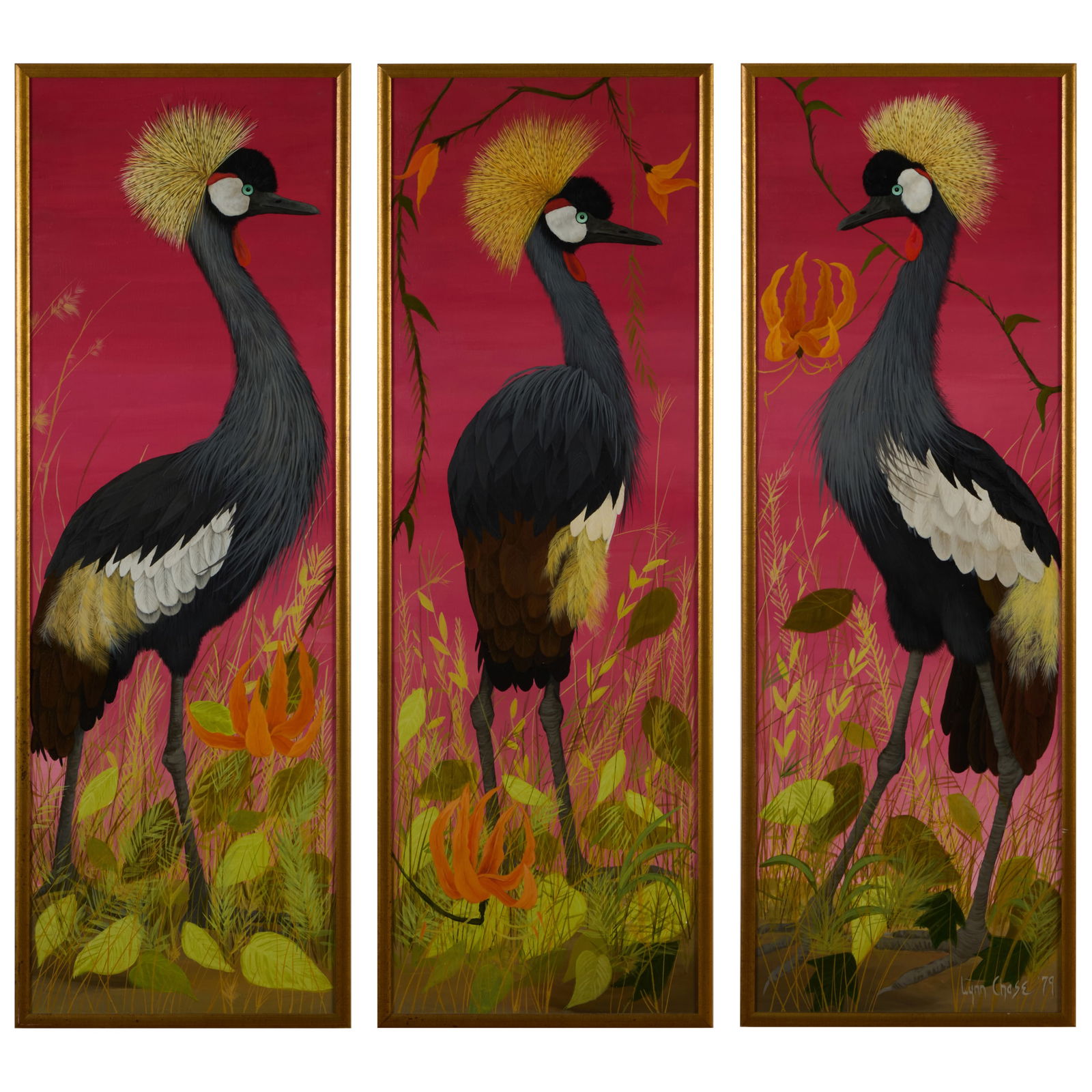 Lynn Chase (1948-2025): Cranes: A Triptych: Lynn Chase (1948-2025): Cranes: A Triptych Three oil on canvasboard, 1979, signed 'Lynn Chase' and dated lower right on the right panel. All 47 5/8 x 15 1/2 in., 49 1/4 x 17 1/4 in. (frame). Collectio