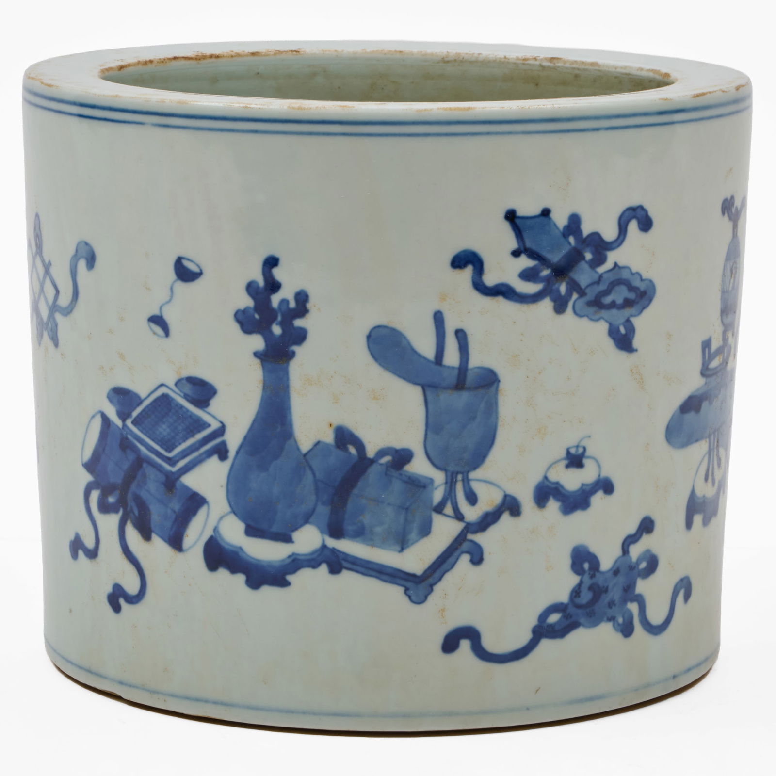 Chinese Blue and White Porcelain Brush Pot: Chinese Blue and White Porcelain Brush Pot Unmarked. 6 1/2 x 8 in. diam. Collection of Lynn Chase from Money Pit Farm.