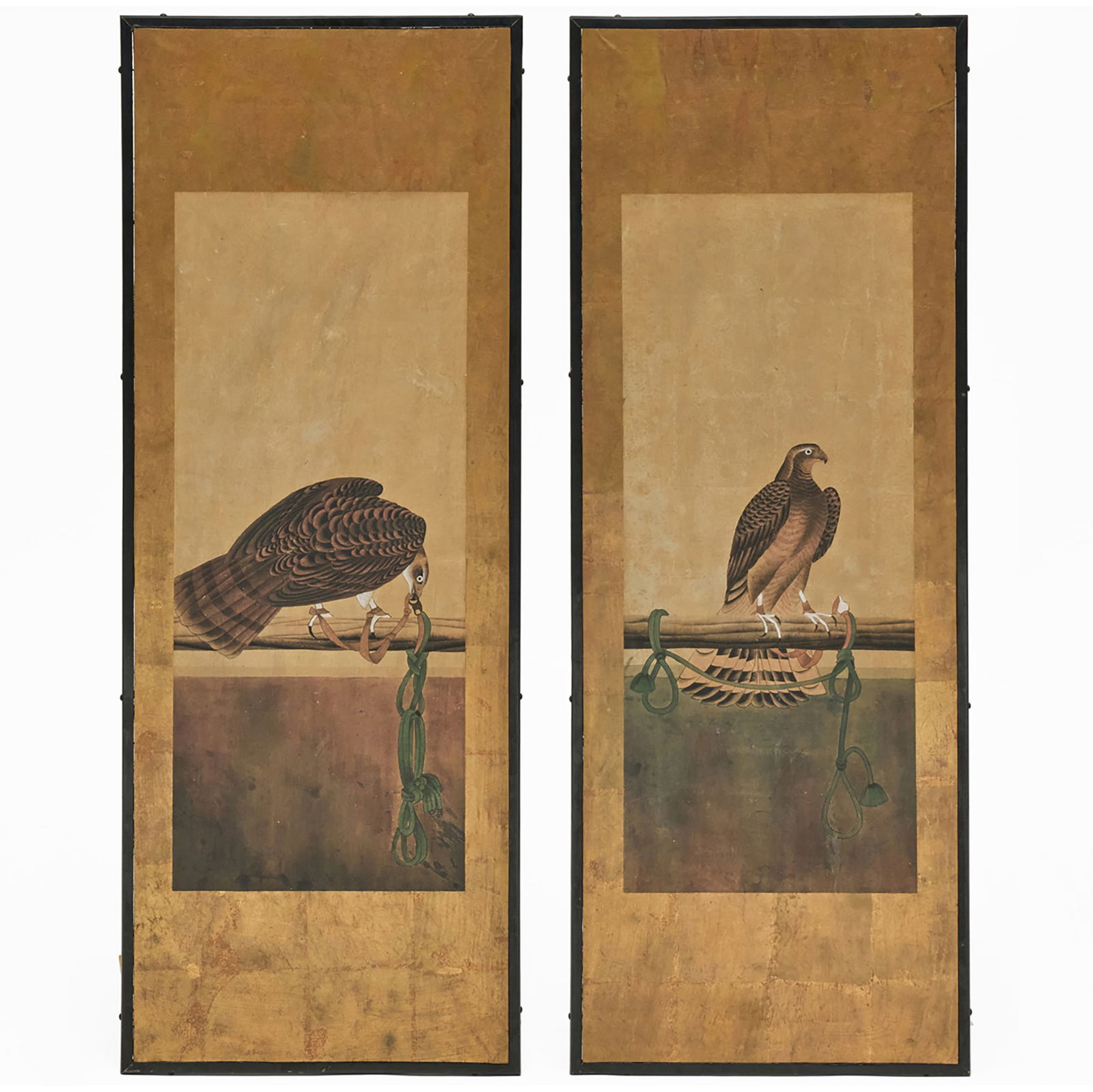 Two Japanese Scroll Panels of Hawks: Two Japanese Scroll Panels of Hawks Ink and colors on paper. 54 3/4 x 20 1/2 in. (frame). Collection of Lynn Chase from Money Pit Farm.