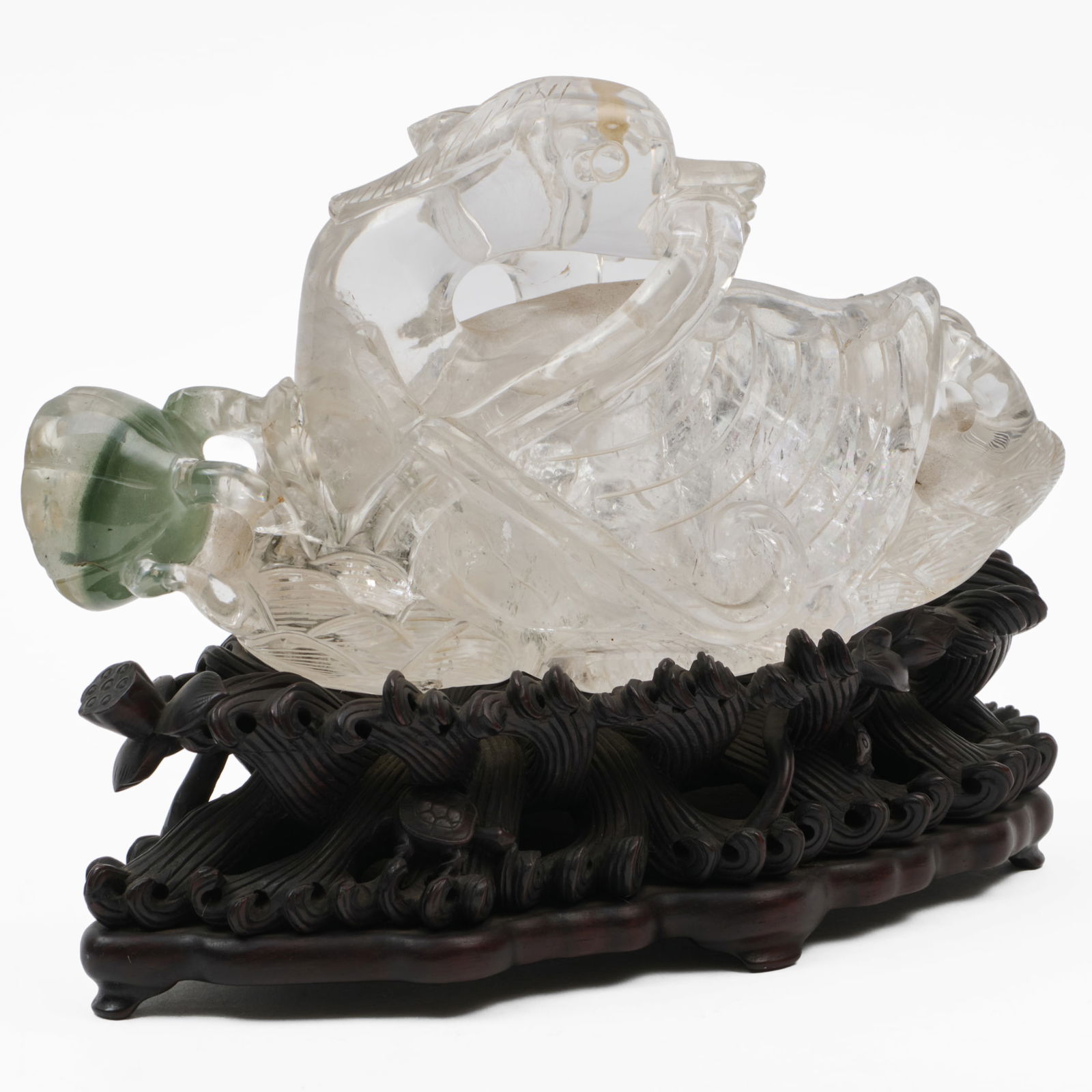 Large Chinese Rock Crystal Model of Ducks: Large Chinese Rock Crystal Model of Ducks With a carved stand. The rock crystal model 5 x 9 1/2 x 4 3/4 in., 7 3/4 x 9 1/2 x 4 3/4 in. (overall). Collection of Lynn Chase from Money Pit Farm.