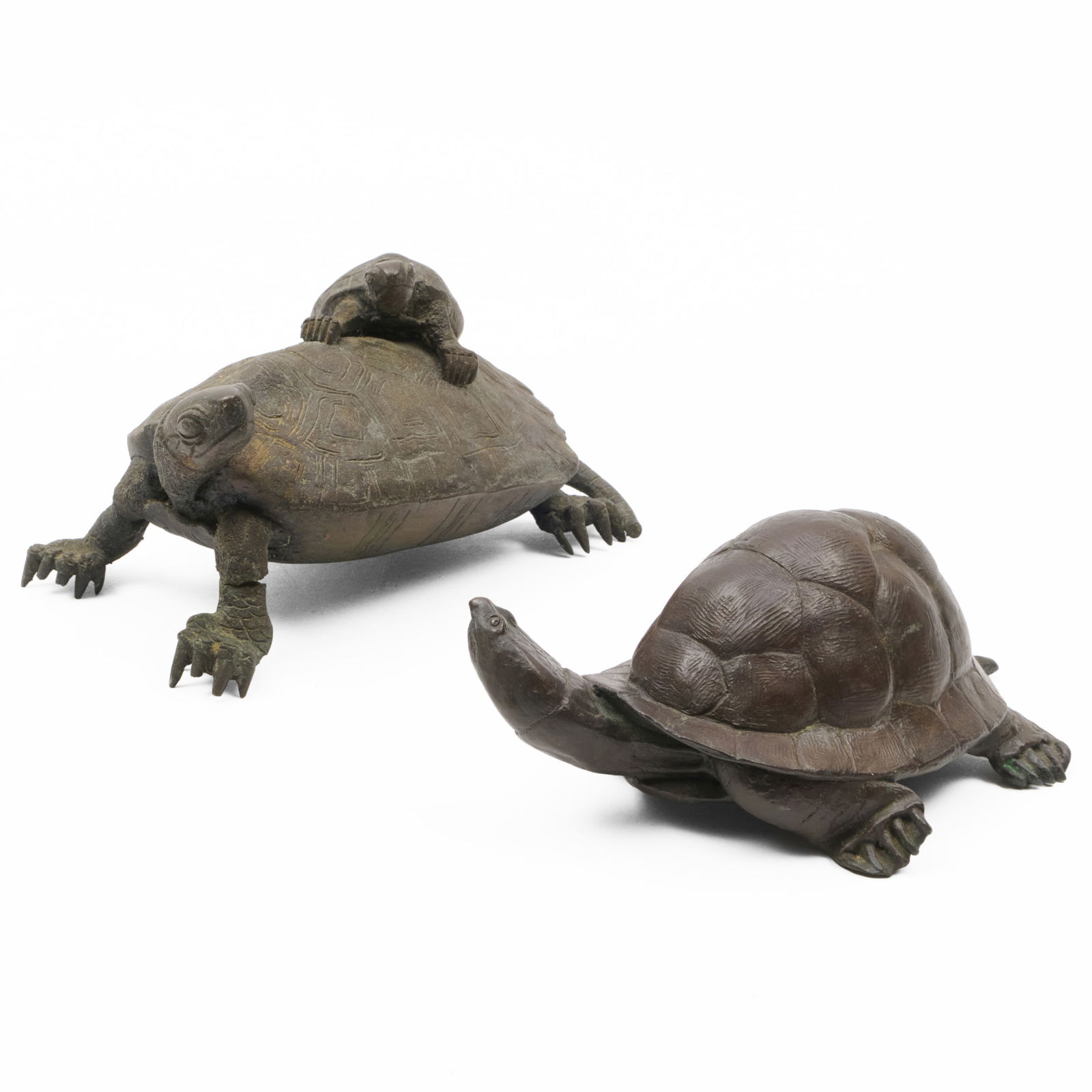 Two Patinated Metal Models of Turtles: Two Patinated Metal Models of Turtles The single turtle marked 'Boris 67'. The single 3 x 7 x 4 1/2 in., the turtle with baby 4 1/2 x 7 x 4 in. Collection of Lynn Chase from Money Pit Farm.