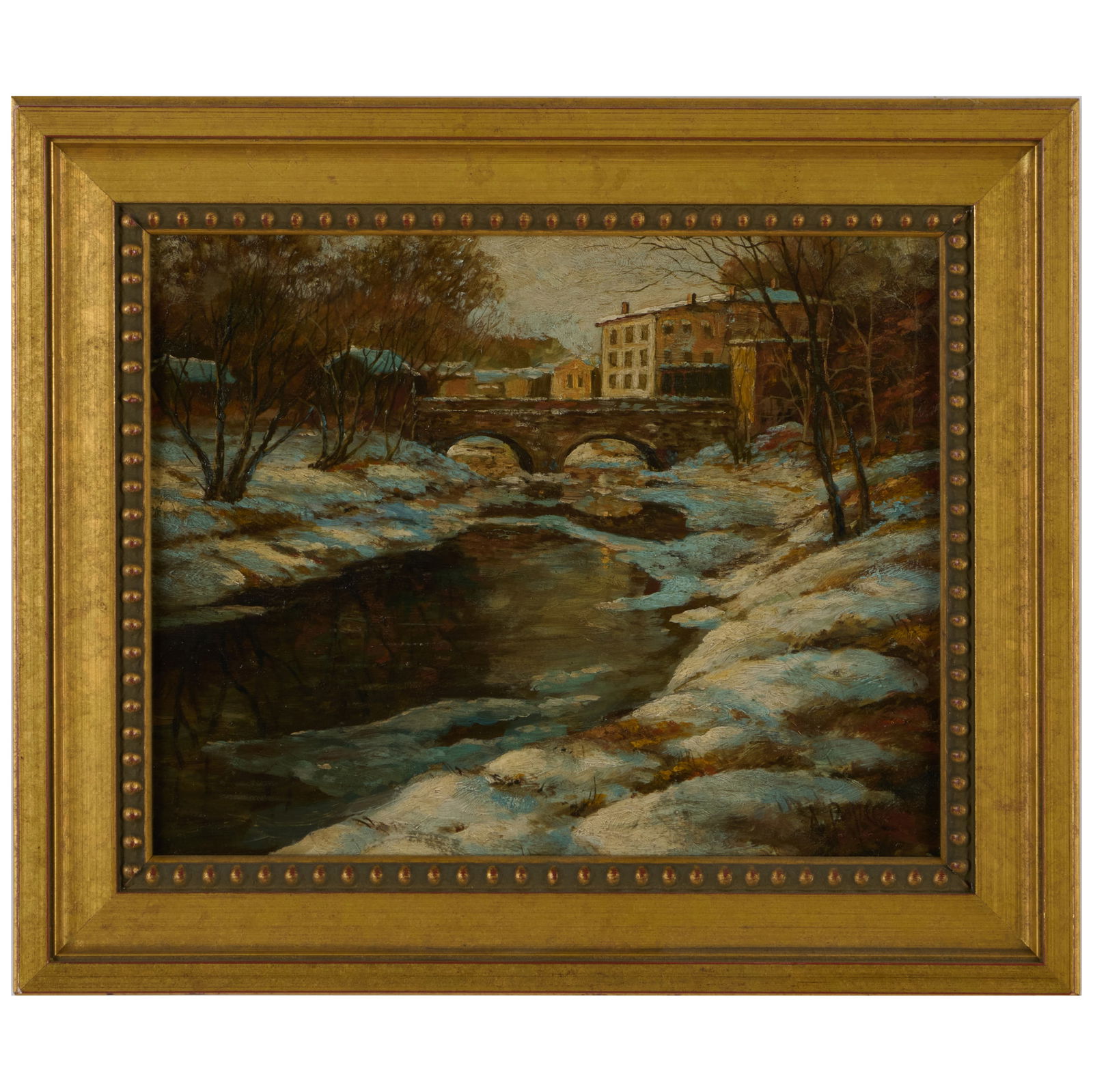 European School: Snowy River: European School: Snowy RiverOil on board, indistinctly signed lower right.8 x 9 3/4 in., 10 3/4 x 12 3/4 in. (frame).Collection of Lynn Chase from Money Pit Farm.