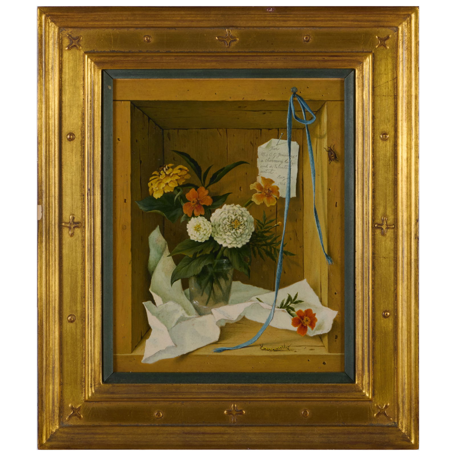 Emilio Baz Viaud (1918-1991): Trompe l'Oeil Shadowbox: Emilio Baz Viaud (1918-1991): Trompe l'Oeil ShadowboxOil on board, 1956, signed 'Baz', dated and inscribed 'For Mrs. O.G. Jennings, a charming lady and a talented artist.' upper right.9 3/4 x 7 5/8