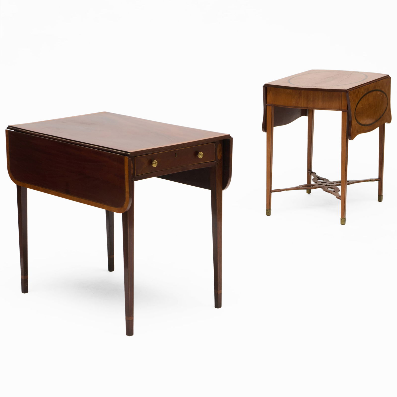 Two George III Pembroke Tables: Two George III Pembroke Tables The inlaid Satinwood Table, 28 3/4 x 20 x 28 1/2 in., closed; 28 3/4 x 38 1/2 x 28 1/2 in., open. The Inlaid Mahogany Table, 28 7/8 x 21 1/2 x 32 in., closed; 28 7/8 x 3