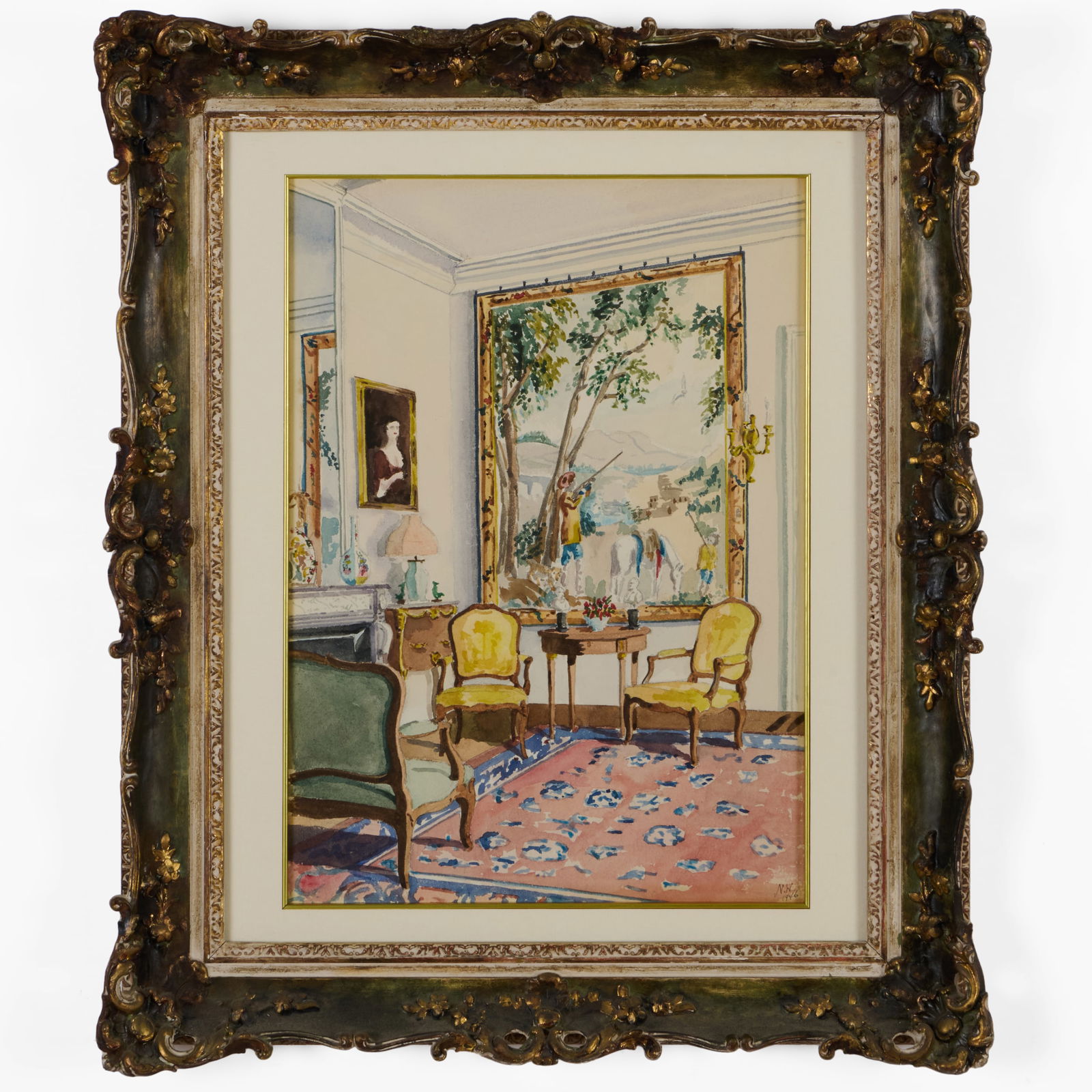 20th Century School: Interior Scene: 20th Century School: Interior Scene Watercolor on paper, 1946, signed 'NW' and dated lower right. 17 3/8 x 12 3/8 in. (sight), 25 1/4 x 21 in. (frame). Collection of Lynn Chase from Money Pit Farm.