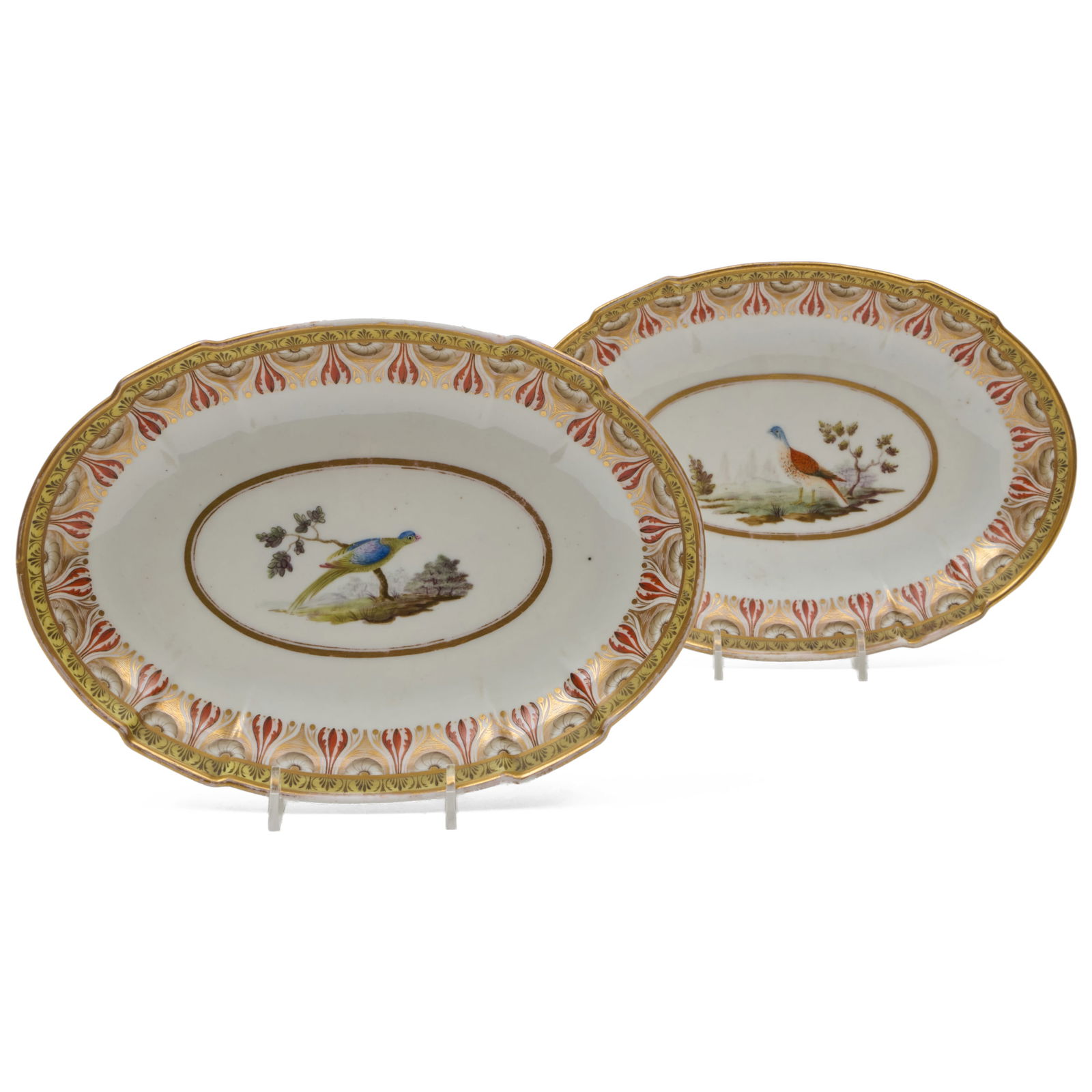 Pair of French Porcelain Oval Ornithological Dishes: Pair of French Porcelain Oval Ornithological DishesBirds named on the reverse.1 3/4 x 7 1/4 x 10 in.Collection of Lynn Chase from Money Pit Farm.