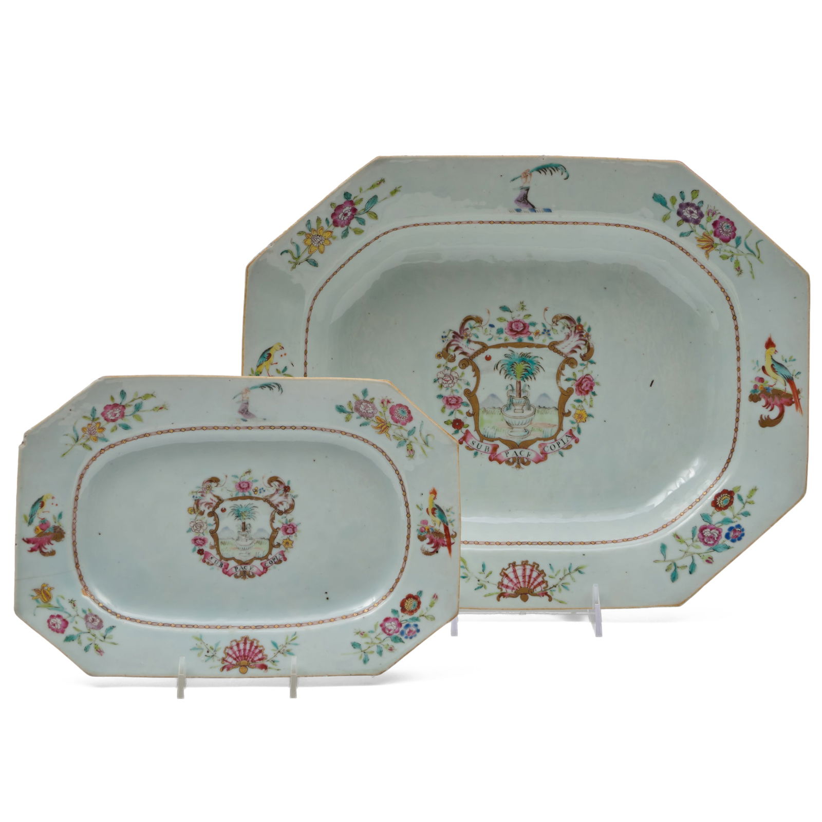 Two Chinese Export Armorial Platters in Two Sizes: Two Chinese Export Armorial Platters in Two Sizes Unmarked. The larger 2 1/2 x 11 3/4 x 15 in., the smaller 7 x 10 3/8 in. Collection of Lynn Chase from Money Pit Farm.