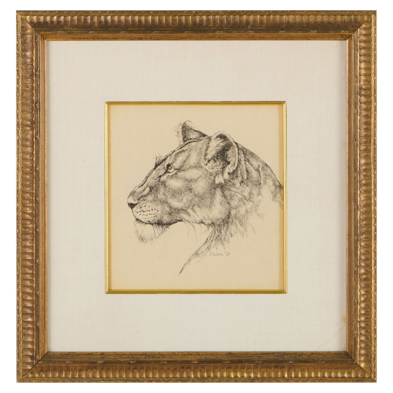 Lynn Chase (1948-2025): Study of a Lion's Head: Lynn Chase (1948-2025): Study of a Lion's Head Ink on paper, 1968, signed 'Chase' and dated lower right. 7 1/2 x 7 in. (sight), 14 1/2 x 15 in. (frame). Collection of Lynn Chase from Money Pit Farm.