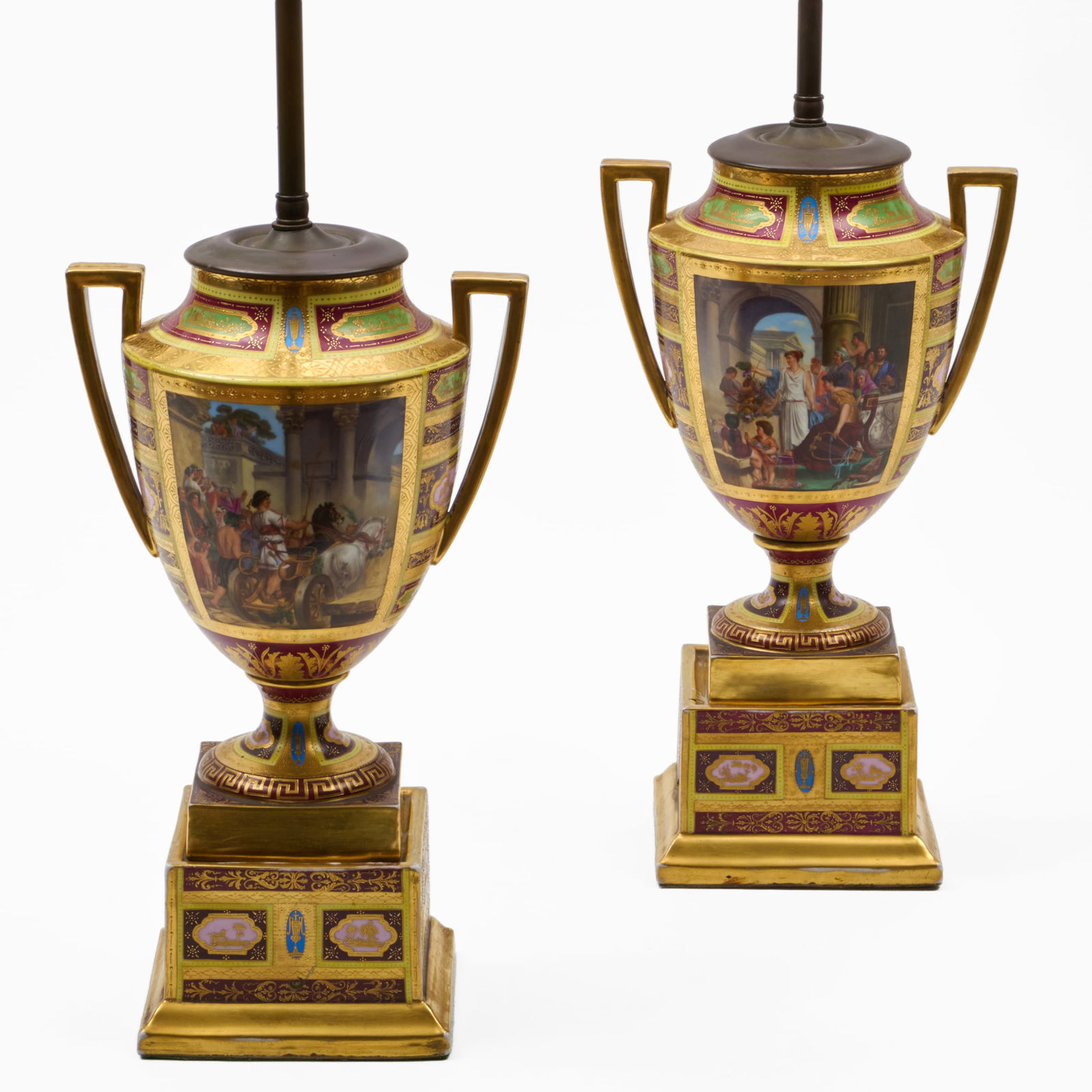 Pair of Berlin Claret Ground Porcelain Vases Mounted as Lamps (1 of 8)