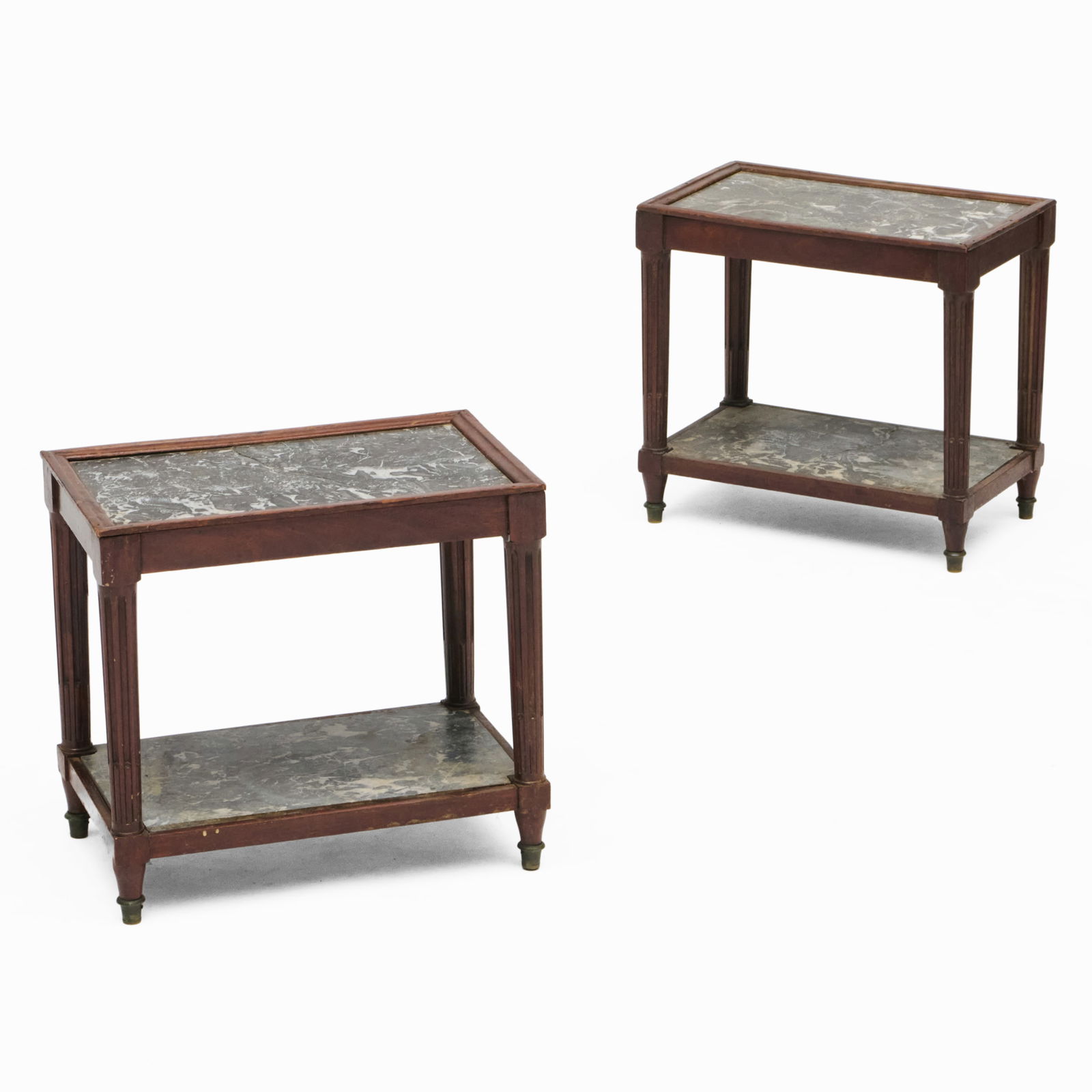 Pair of Louis XVI Style Mahogany and Marble Telephone Tables: Pair of Louis XVI Style Mahogany and Marble Telephone Tables 15 x 16 x 10 in. Collection of Lynn Chase from Money Pit Farm.
