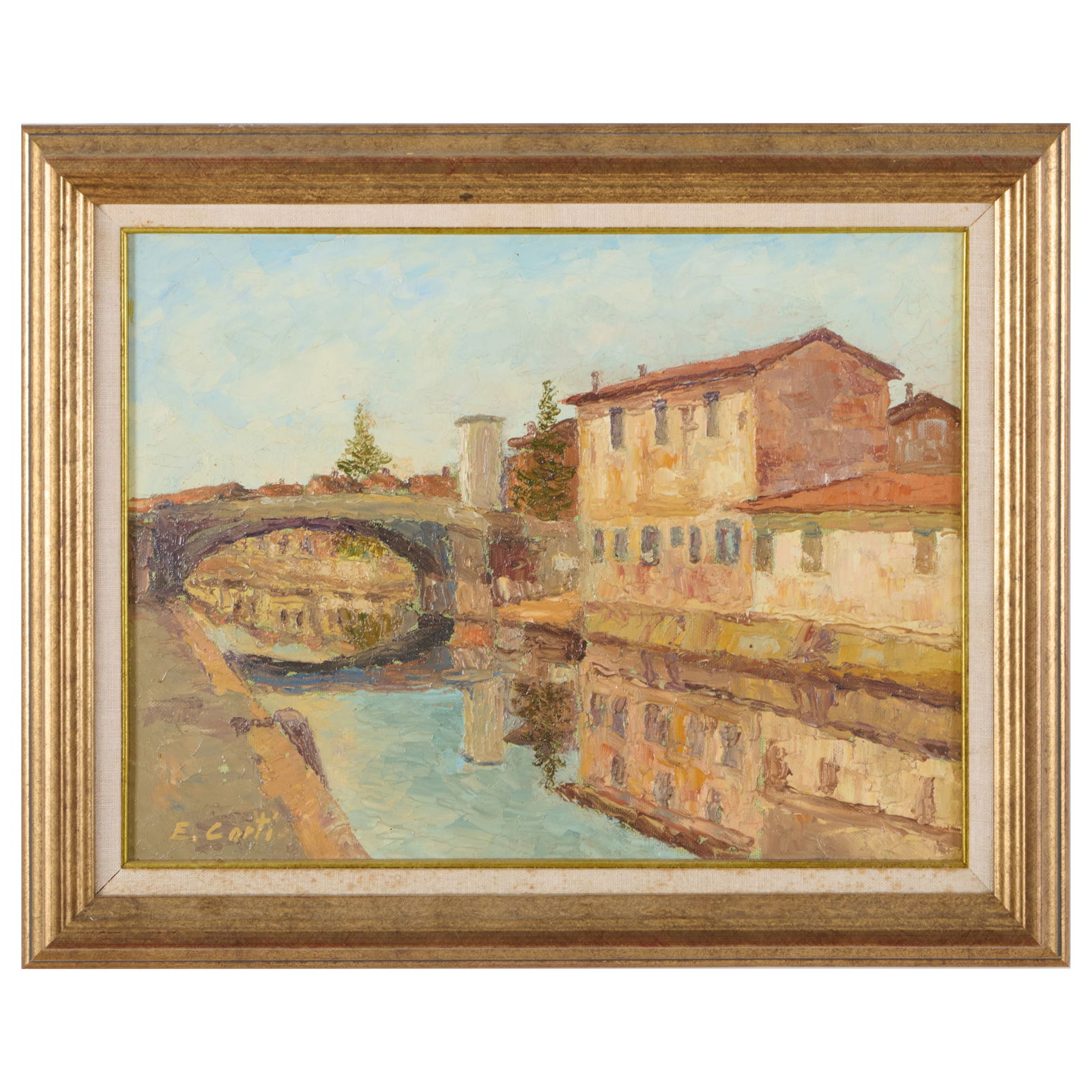 20th Century School: Village Along a Canal: 20th Century School: Village Along a Canal Oil on canvas, signed 'E. Corti' lower left, indistinctly signed and inscribed on the reverse; and Country Home, oil on canvasboard, signed 'E. Corti' lower