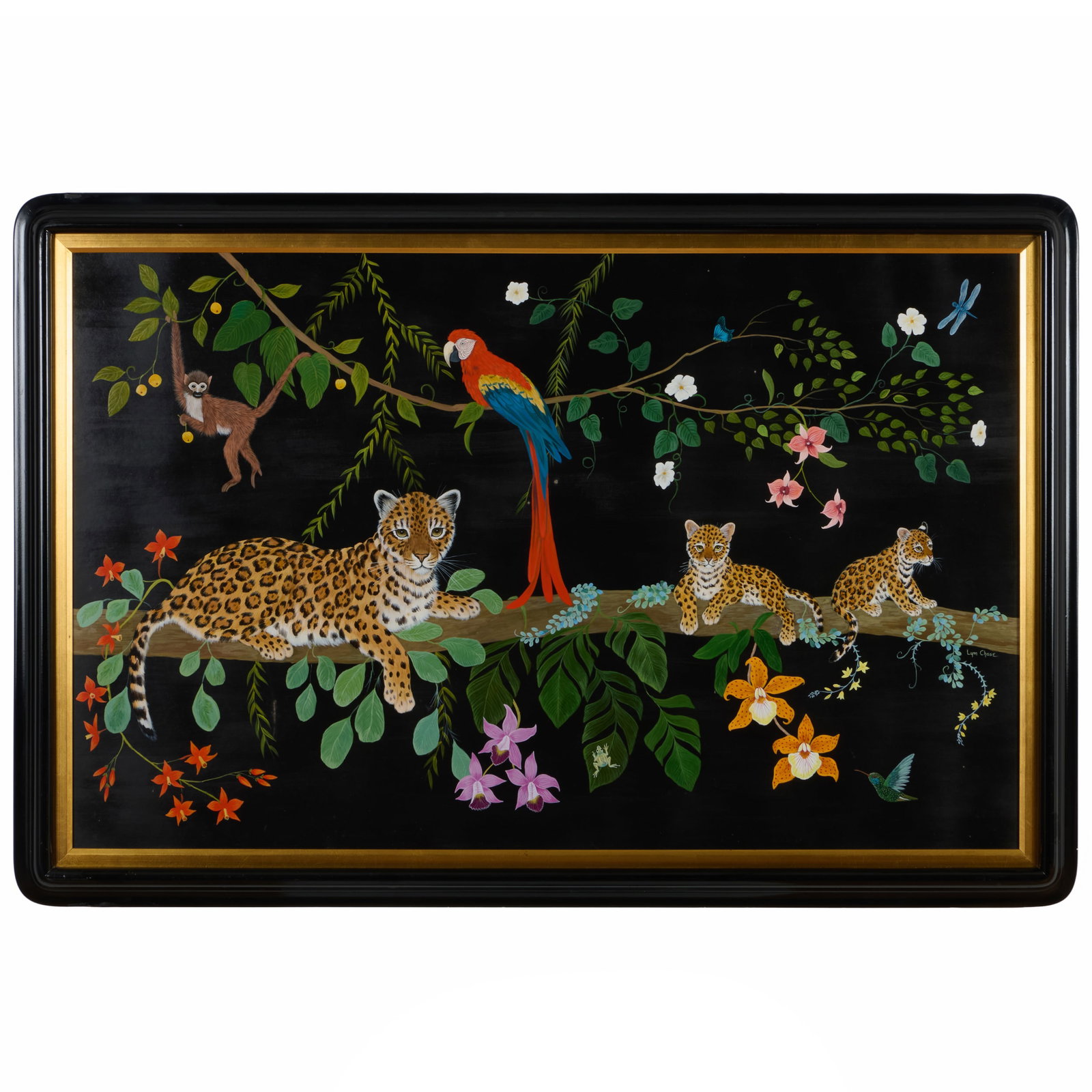 Lynn Chase (1948-2025): Jungle Animal Scene: Lynn Chase (1948-2025): Jungle Animal Scene Oil on board, signed 'Lynn Chase' lower right. 24 1/2 x 39 in., 30 x 44 in. (frame). Collection of Lynn Chase from Money Pit Farm.