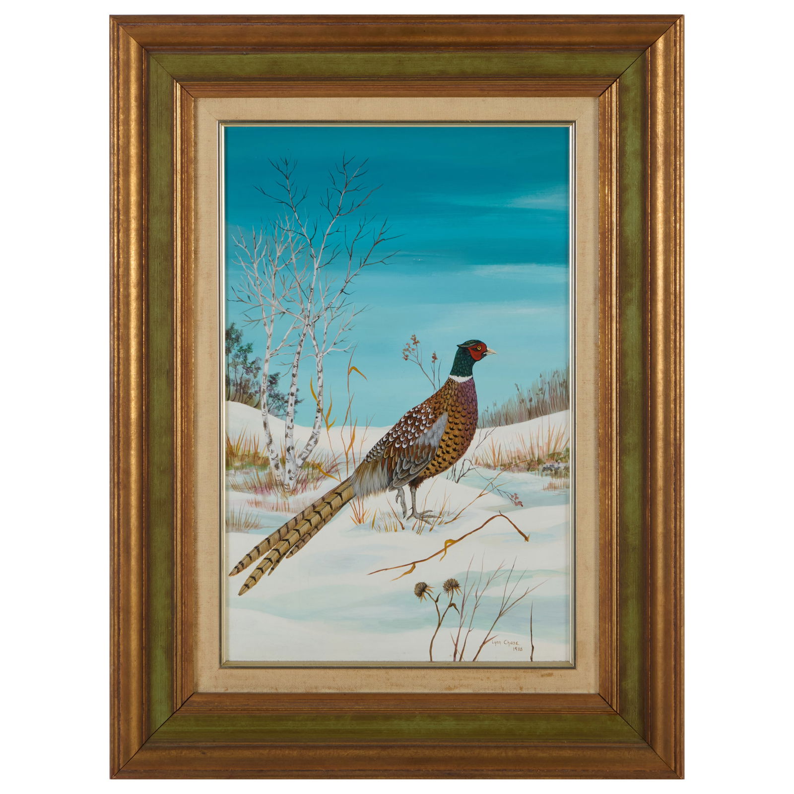 Lynn Chase (1948-2025): Pheasant in Snow: Lynn Chase (1948-2025): Pheasant in SnowOil on board, 1988, signed 'Lynn Chase' and dated lower right.19 1/2 x 12 1/2 in., 27 3/4 x 20 3/4 in. (frame).Collection of Lynn Chase from Money Pit Farm.