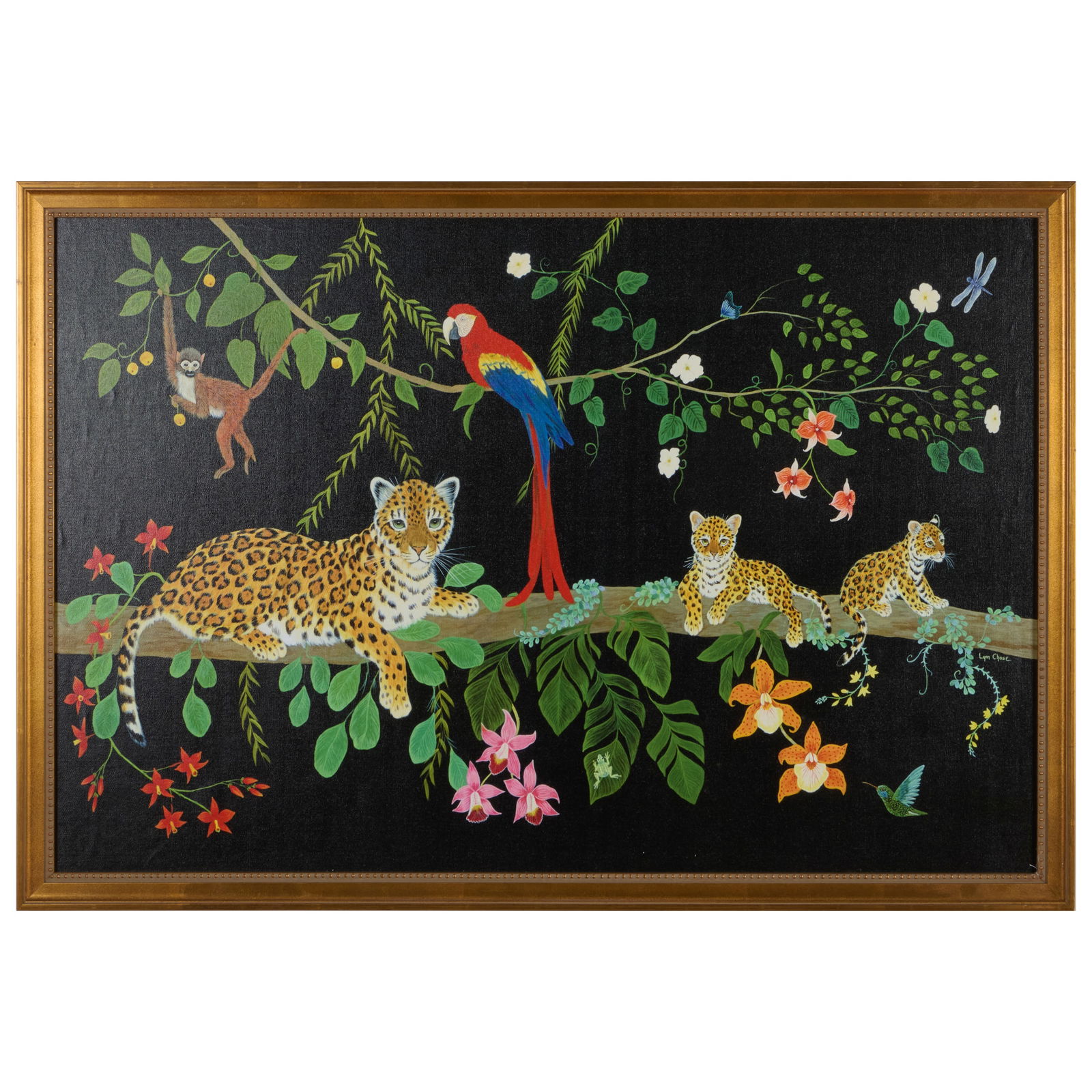 Lynn Chase (1948-2025): Jungle Animal Scene: Lynn Chase (1948-2025): Jungle Animal SceneReproductive print on canvasboard.23 1/2 x 35 1/2 in., 26 1/4 x 38 1/4 in. (frame).Collection of Lynn Chase from Money Pit Farm.
