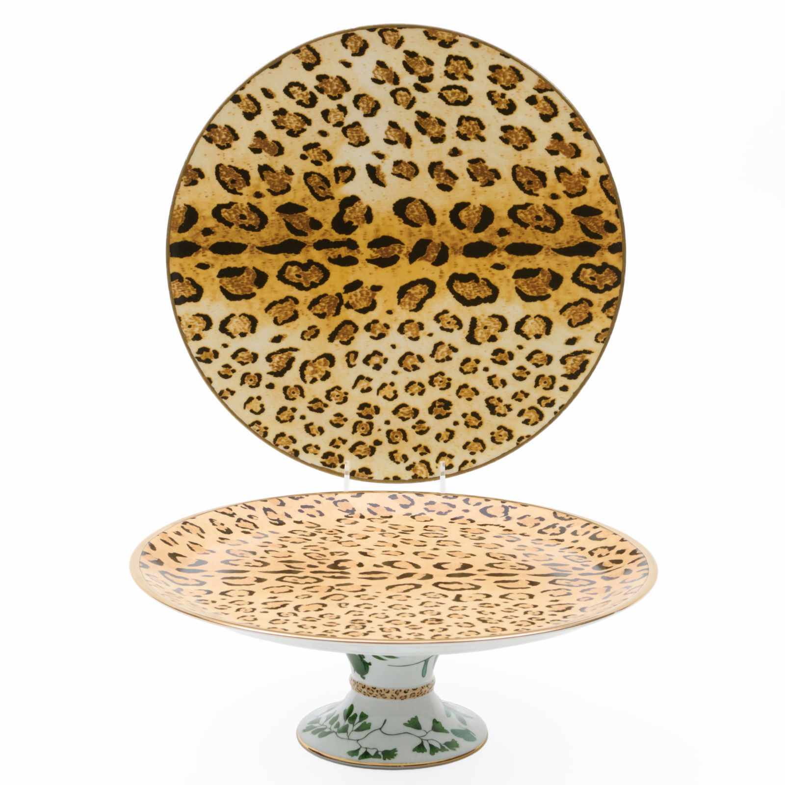 Two Lynn Chase Porcelain Serving Pieces in the ' Leopard's Delight' Pattern: Two Lynn Chase Porcelain Serving Pieces in the ' Leopard's Delight' PatternThe platter with printed mark.Comprising:A compoteA circular platterThe compote 4 x 12 1/2 in. diam., the platter 12 1/2 in.