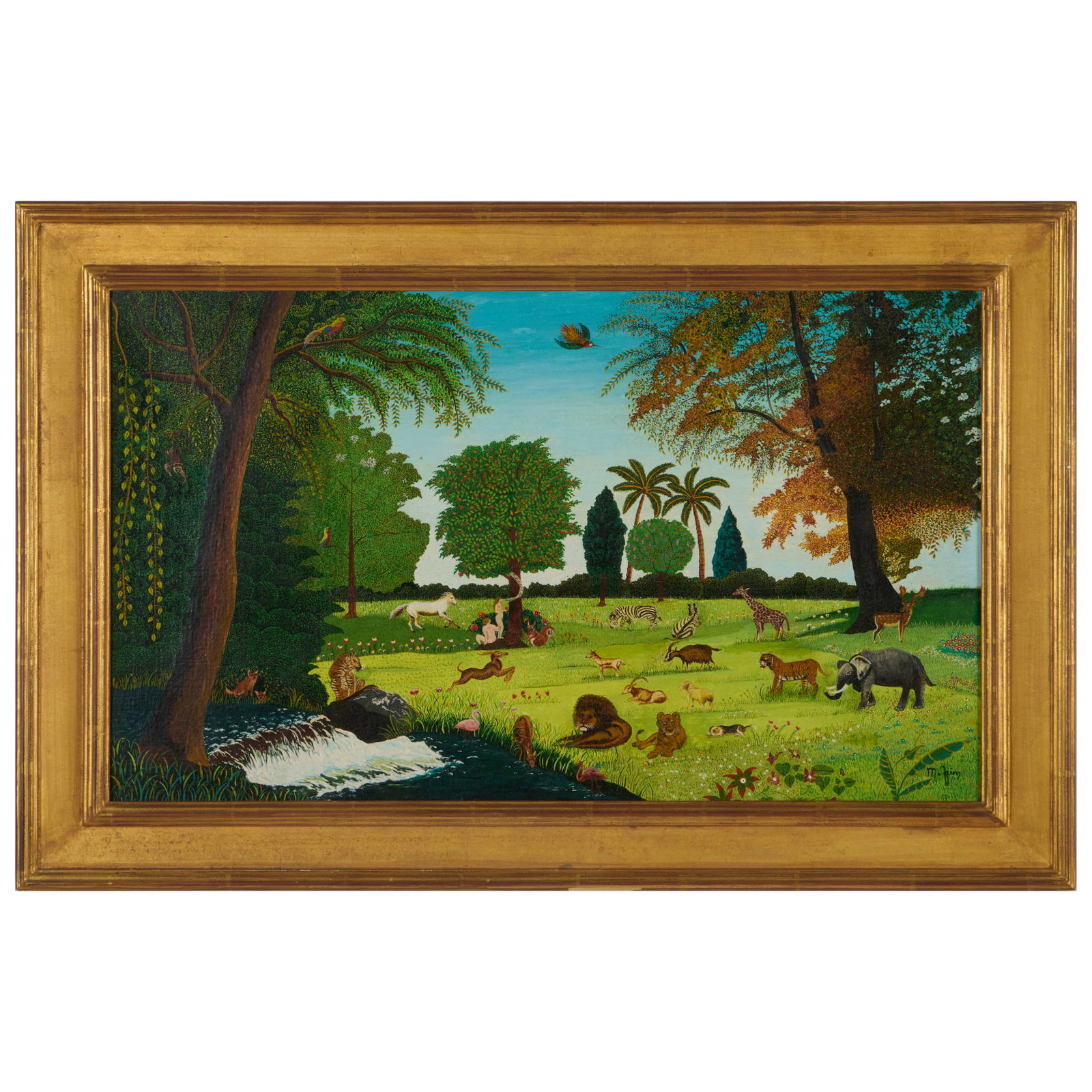 20th Century School: The Garden of Eden: 20th Century School: The Garden of EdenOil on canvas, indistinctly signed lower right.15 x 24 in., 19 5/8 x 28 5/8 in. (frame).Collection of Lynn Chase from Money Pit Farm.
