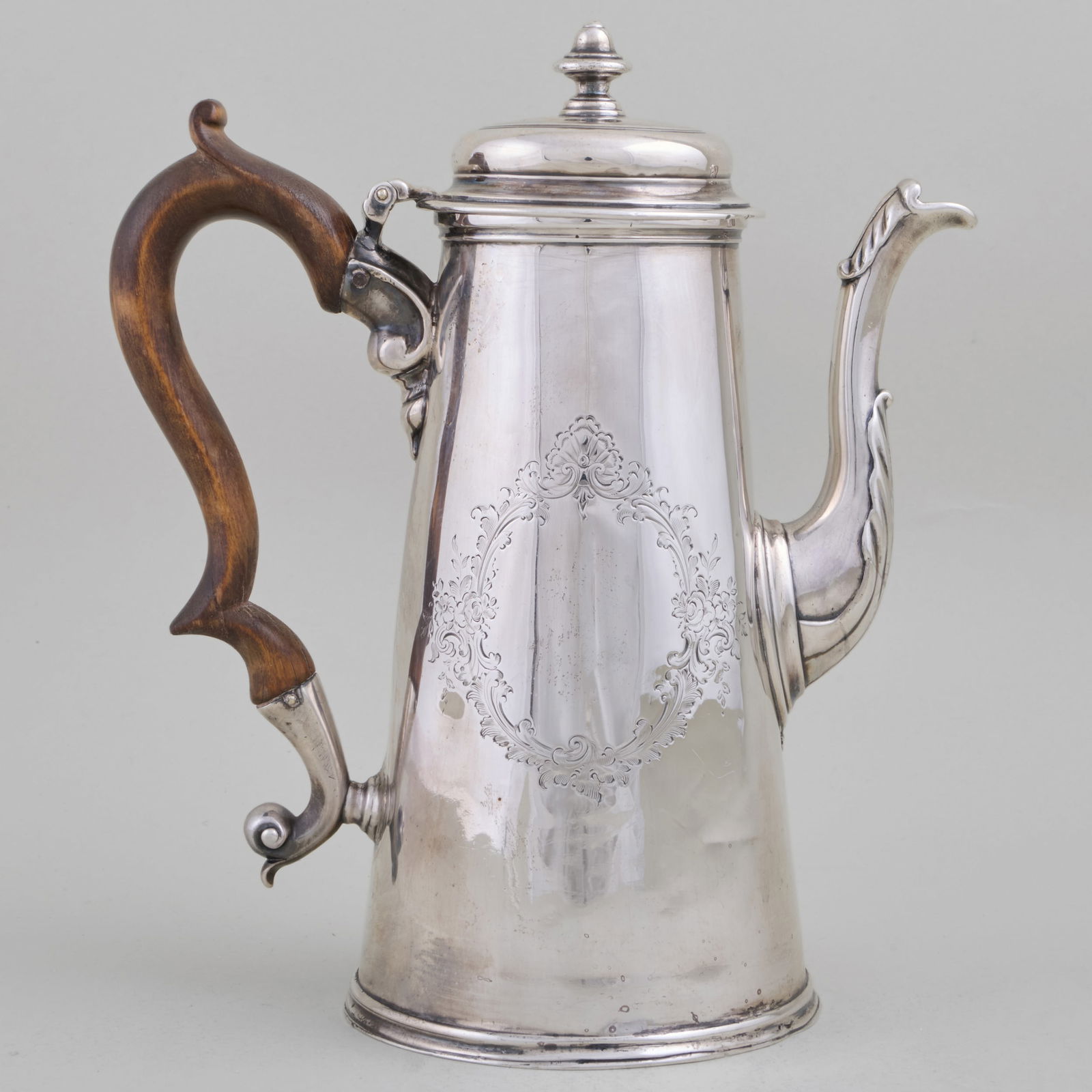 George III Silver Coffee Pot: George III Silver Coffee PotMark of Gabriel Sleath, London, 1737.8 1/4 x 7 1/2 x 4 1/8 in., 21.4 oz. approx. gross weight.Collection of Lynn Chase from Money Pit Farm.