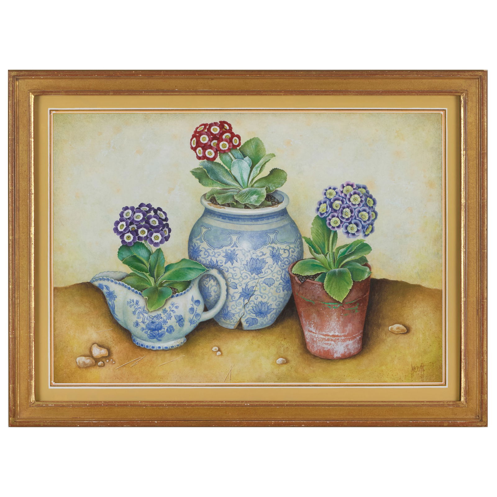 Jose Escofet (b. 1930): Auriculas: Jose Escofet (b. 1930): Auriculas Gouache and watercolor on paper, signed 'Escofet' lower right.18 5/8 x 25 1/4 in. (sight), 21 7/8 x 28 in. (frame).Exhibited: Stephanie Hoppen, London; Garrick
