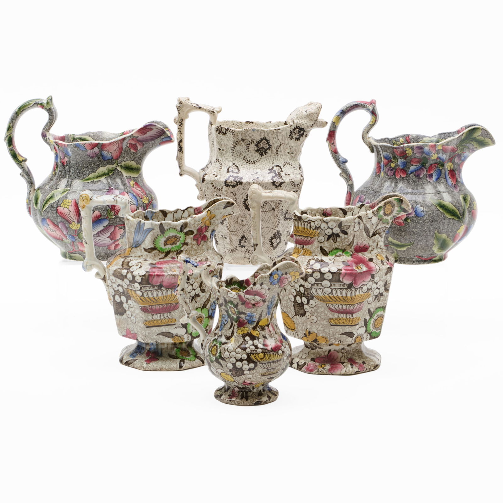 Group of Six Victorian Transfer Printed 'Chintz' Jugs of Various Size (1 of 16)