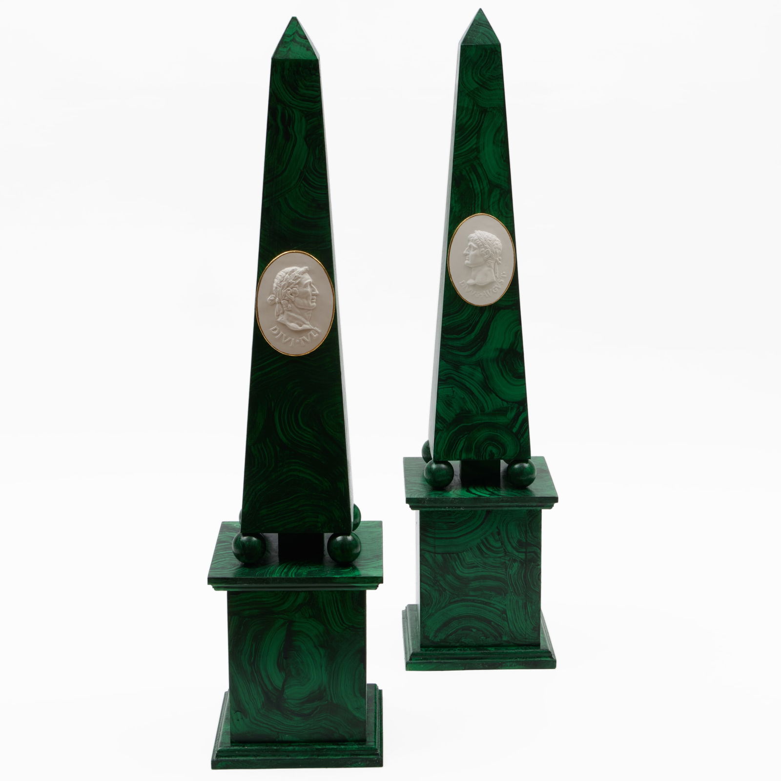 Pair of Faux Malachite Obelisks on Plinths: Pair of Faux Malachite Obelisks on Plinths With portraits of Augustus and Julius Caesar. 32 1/2 x 7 1/2 x 7 1/2 in.
