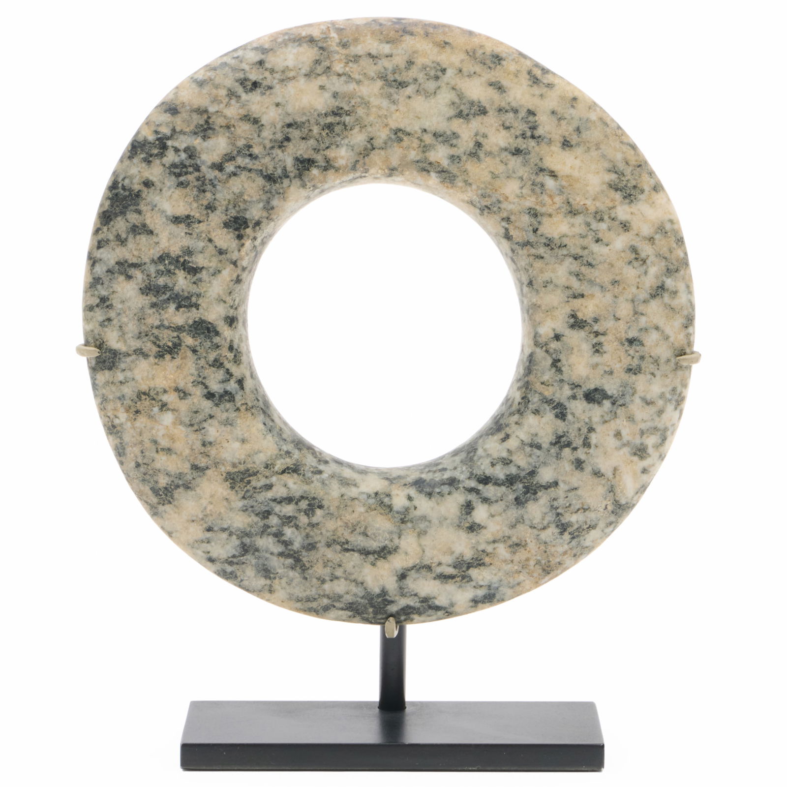 Chinese Hardstone Bi Disc: Chinese Hardstone Bi Disc On custom stand. The disc 3/4 x 5 1/2 in. diam., 6 1/2 x 5 1/2 in. x 1 1/2 in. overall.